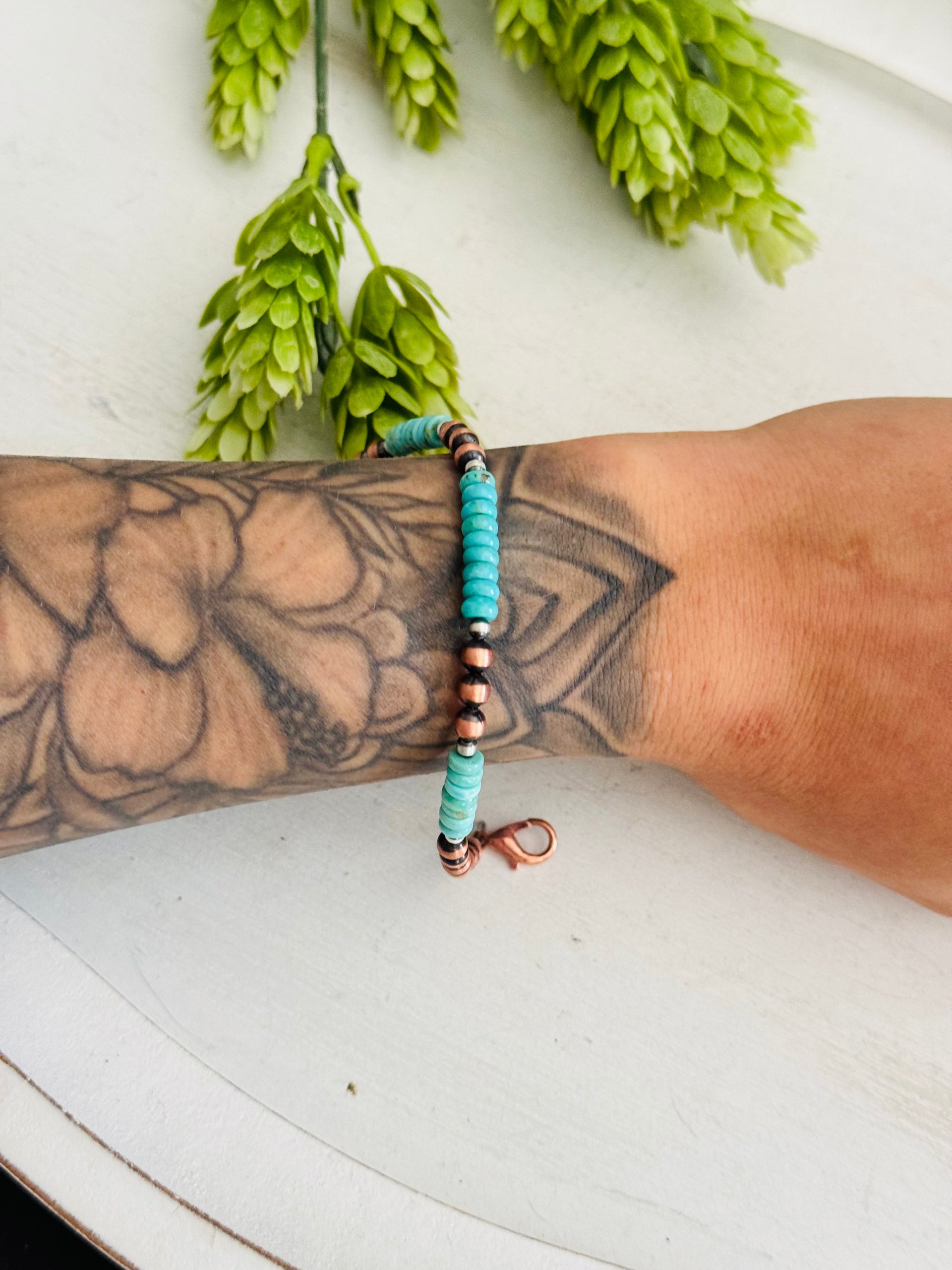 Navajo Strung Kingman Turquoise & Copper Pearls Beaded Bracelet