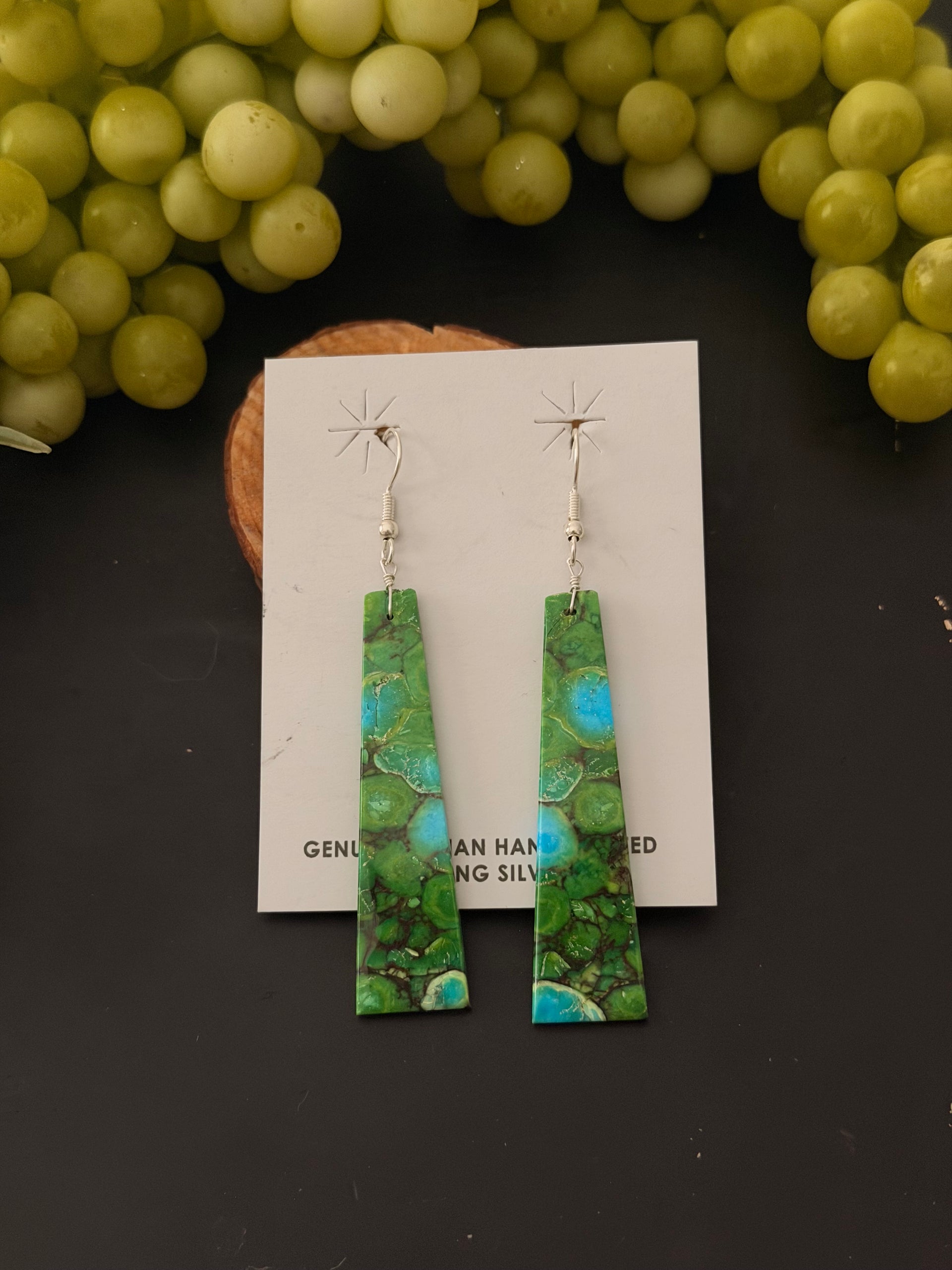 Navajo Made Green Mohave Turquoise & Sterling Silver Slab Dangle Earrings