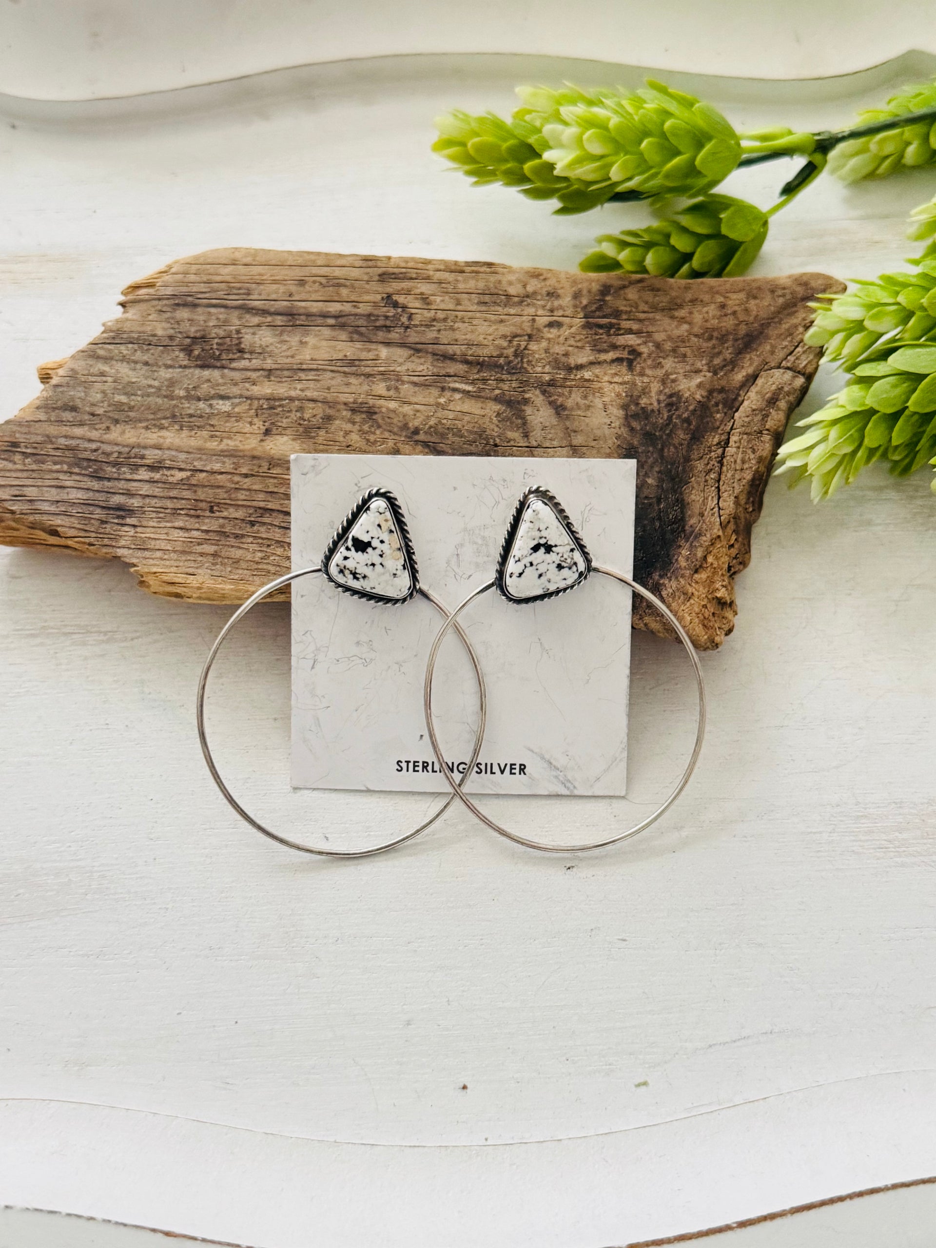 Elouise Kee White Buffalo & Sterling Silver Post Dangle Hoop Earrings