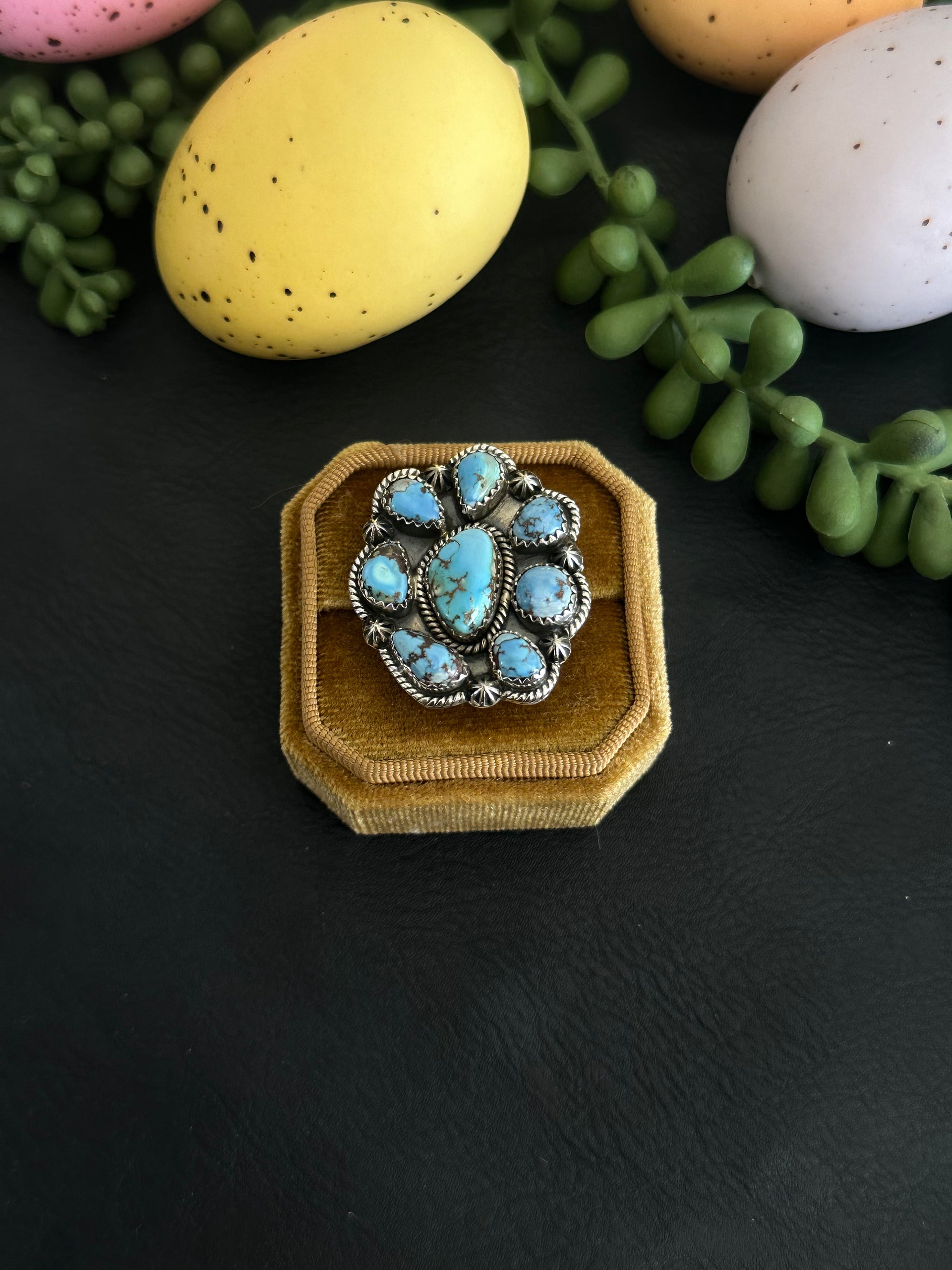 Southwest Handmade Golden Hills Turquoise & Sterling Silver Adjustable Cluster Ring
