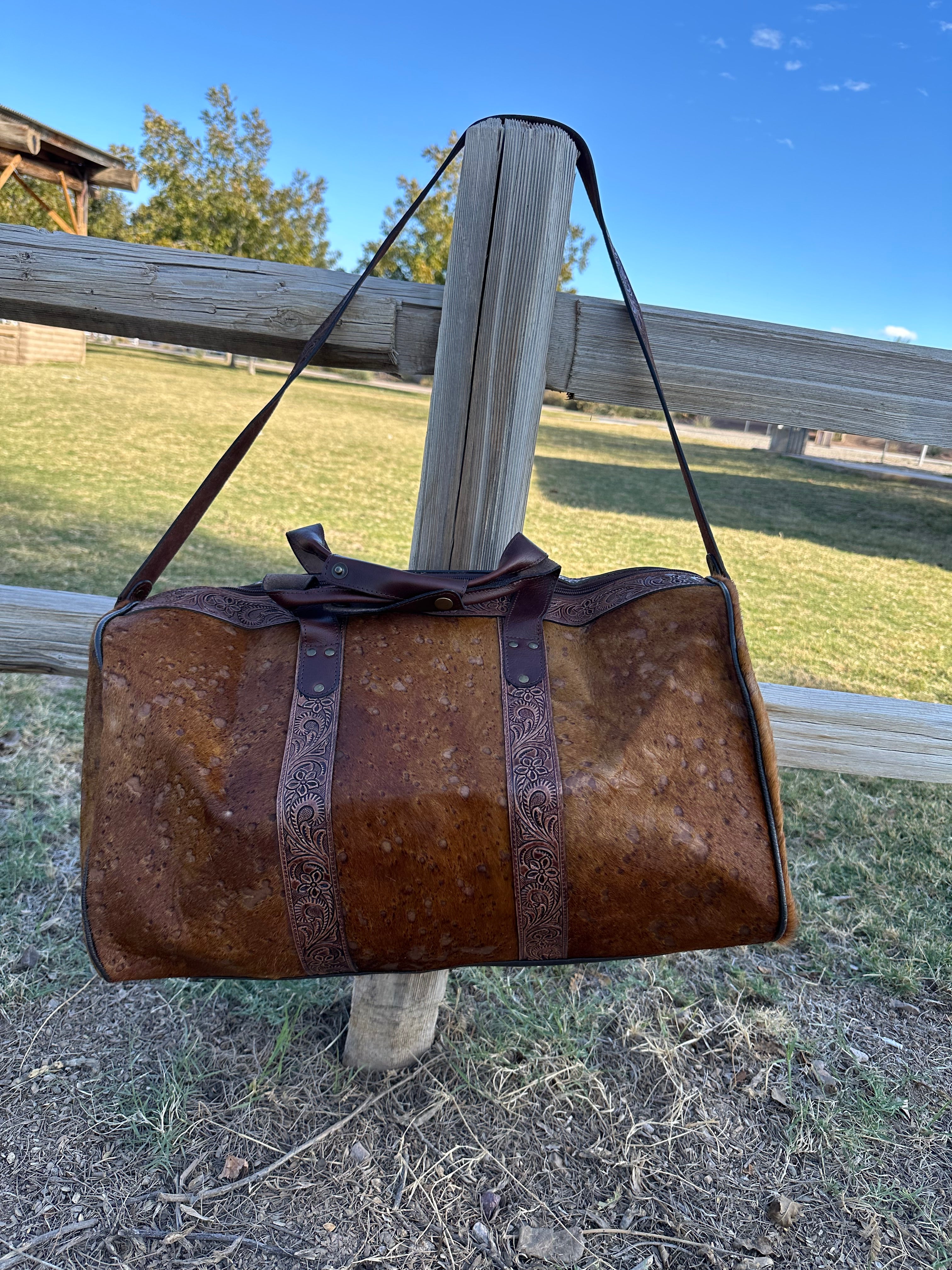 Genuine Tooled Leather Cowhide Duffle Bag