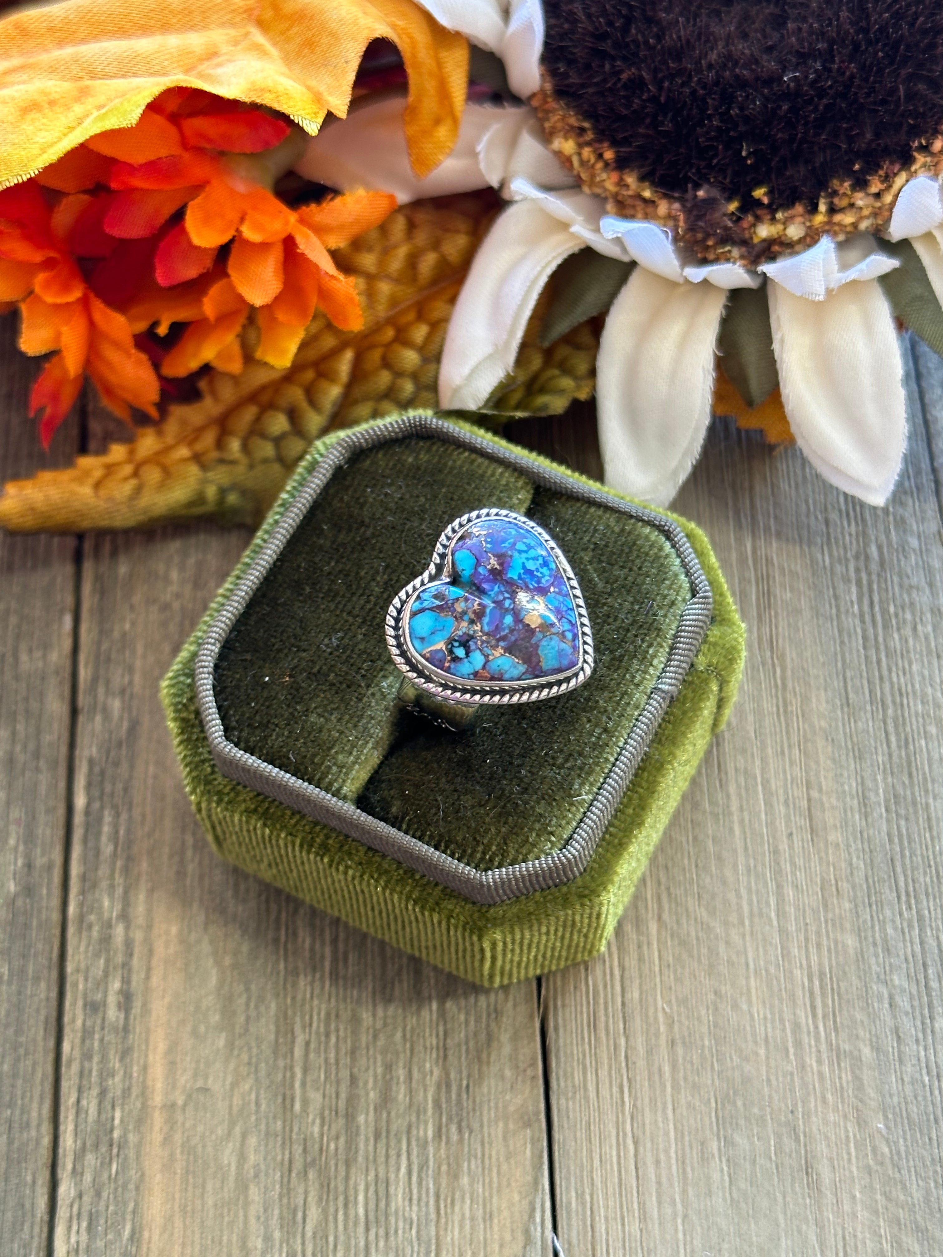 Southwest Handmade Mohave Turquoise & Sterling Silver Adjustable Heart Ring