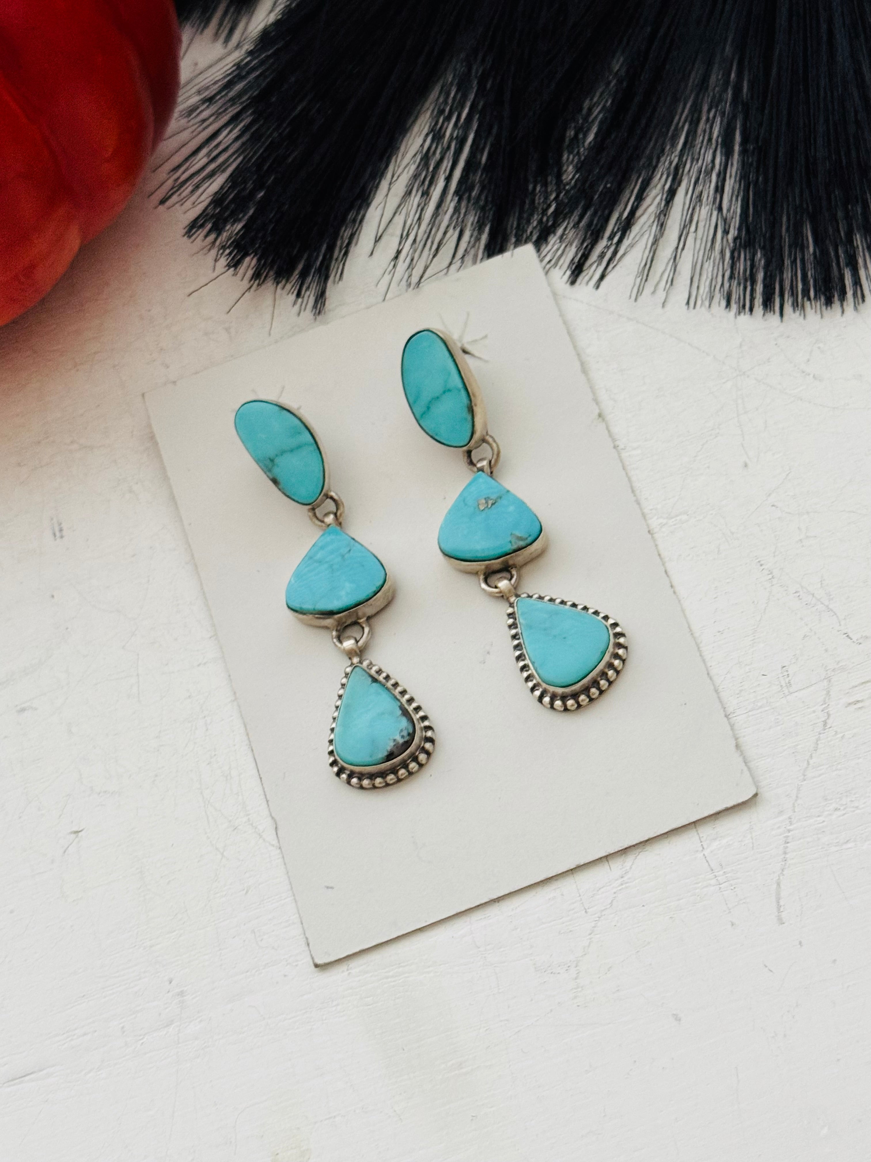 Southwest Handmade Kingman Turquoise & Sterling Silver Post Dangle Earrings