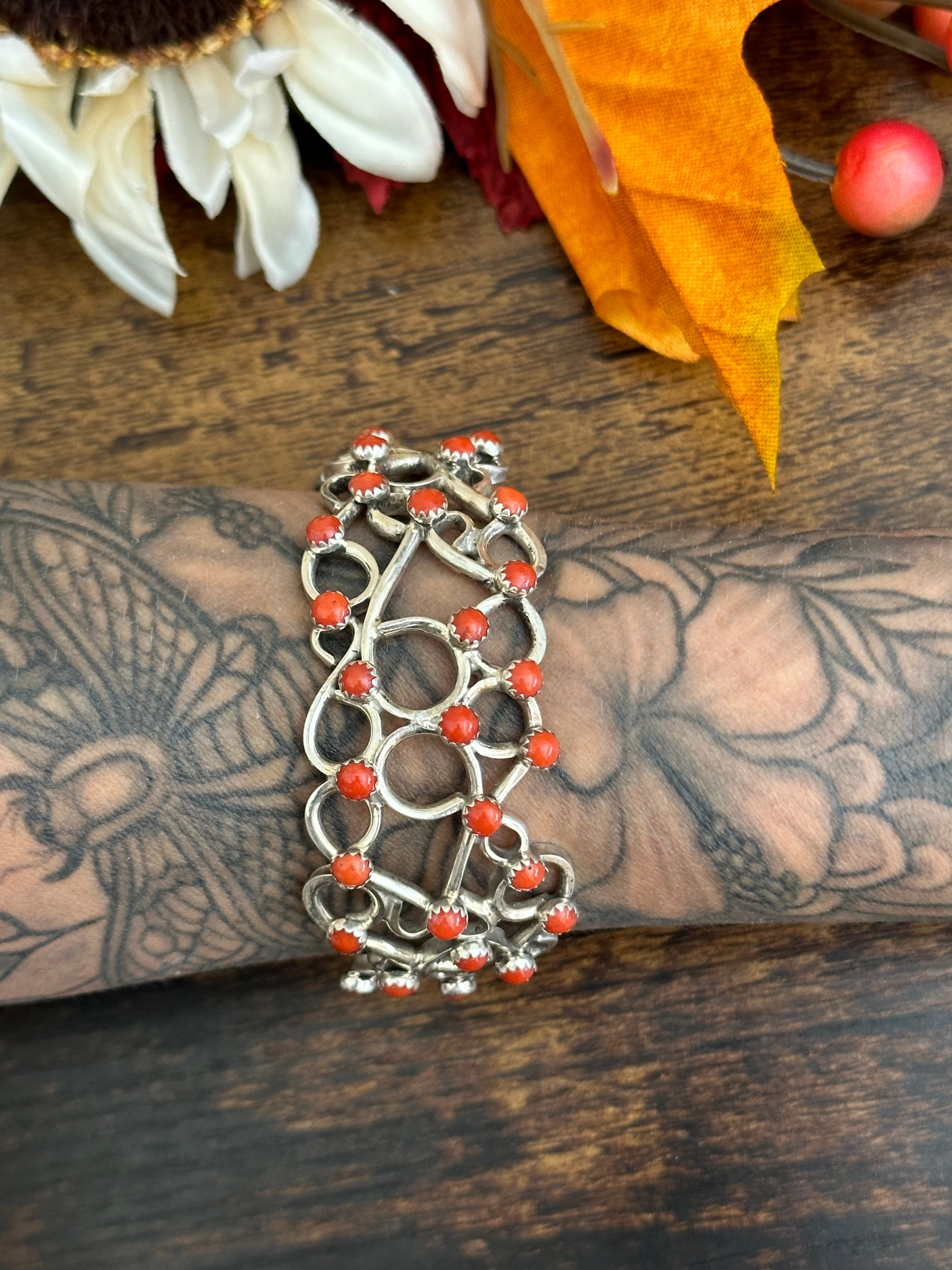 Navajo Made Red Coral & Sterling Silver Cuff Bracelet