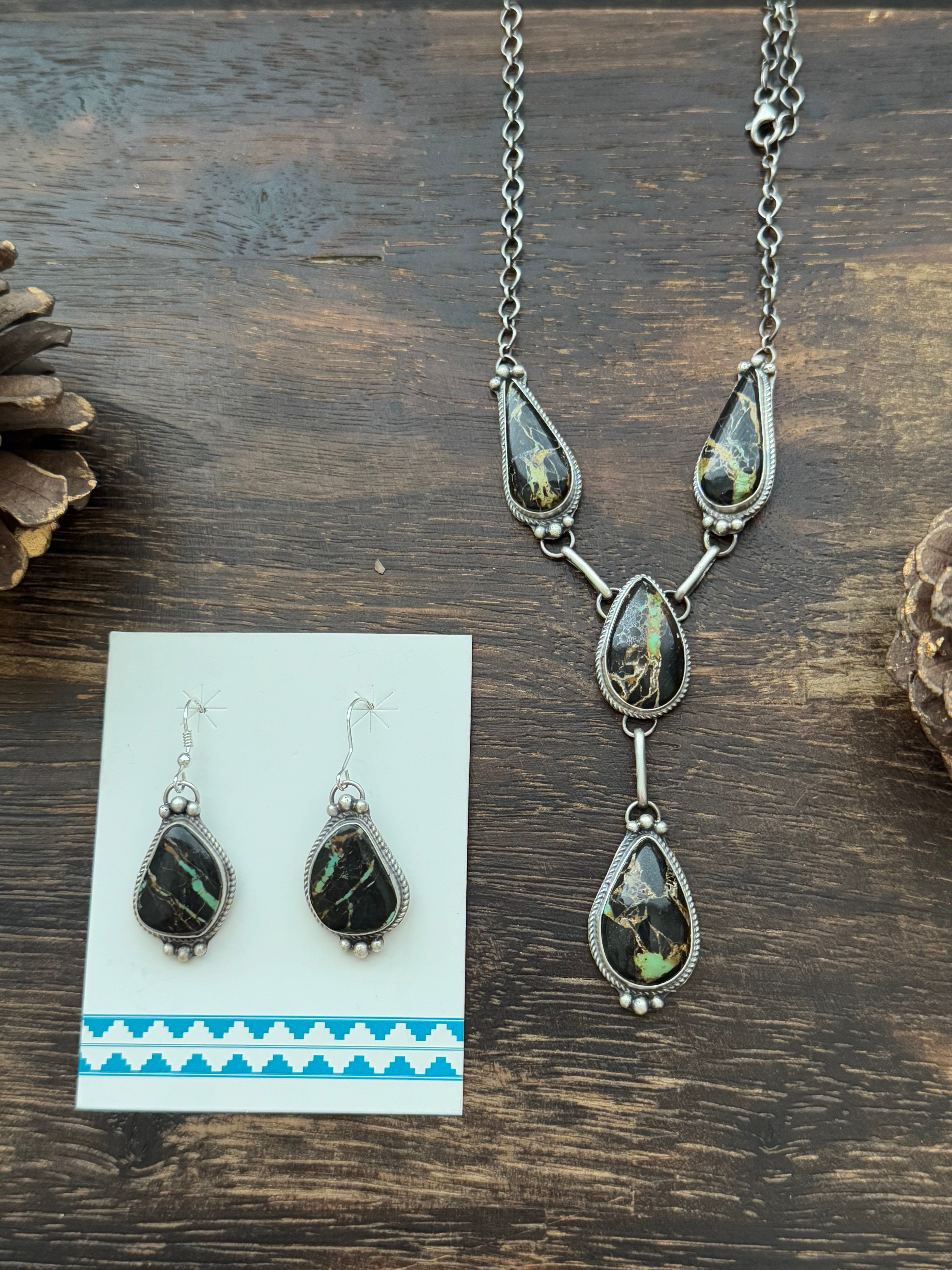 Navajo Made Black Jack Turquoise & Sterling Silver Necklace Set