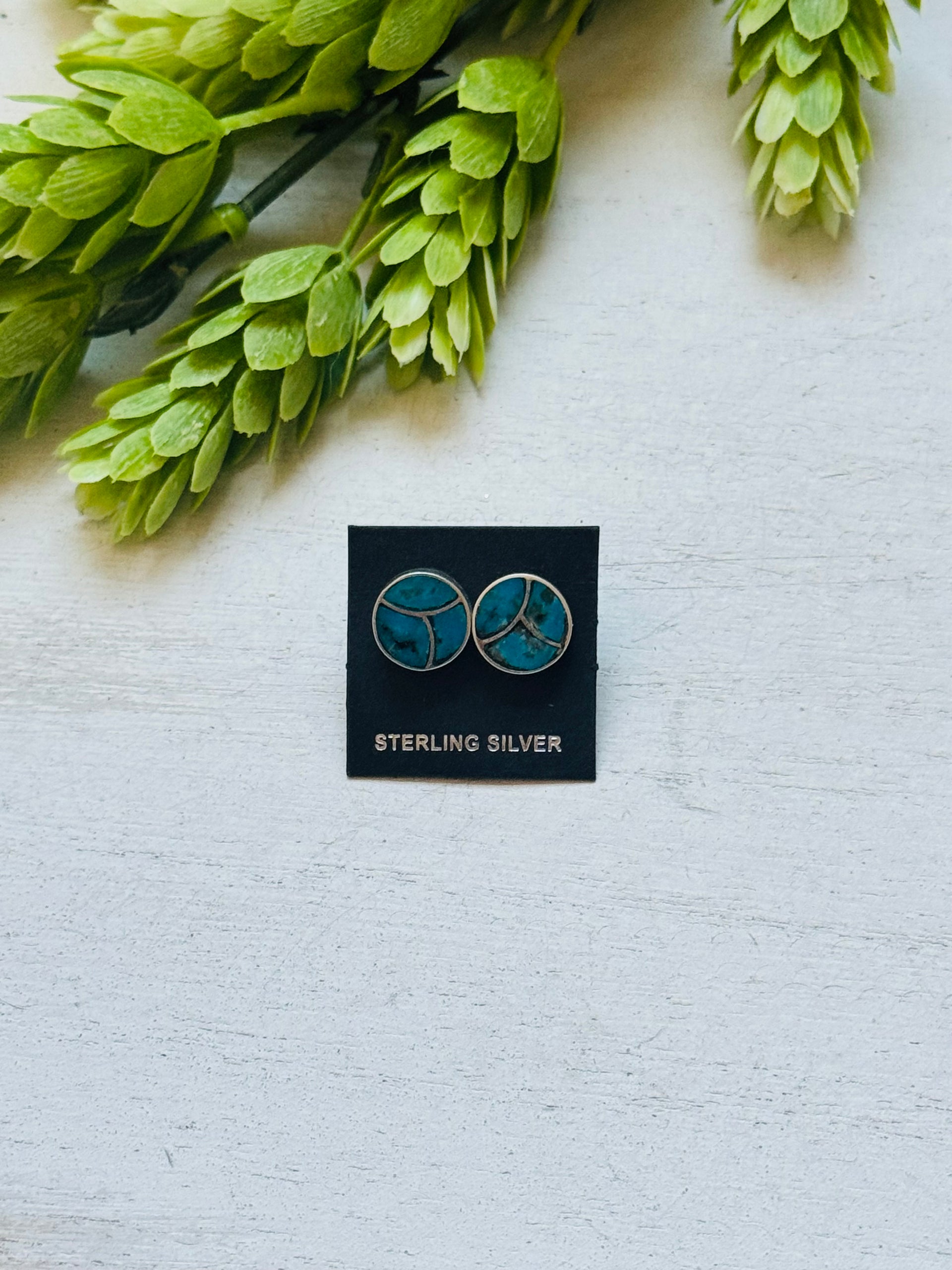 Navajo Made Kingman Turquoise & Sterling Silver Post Inlay Earrings