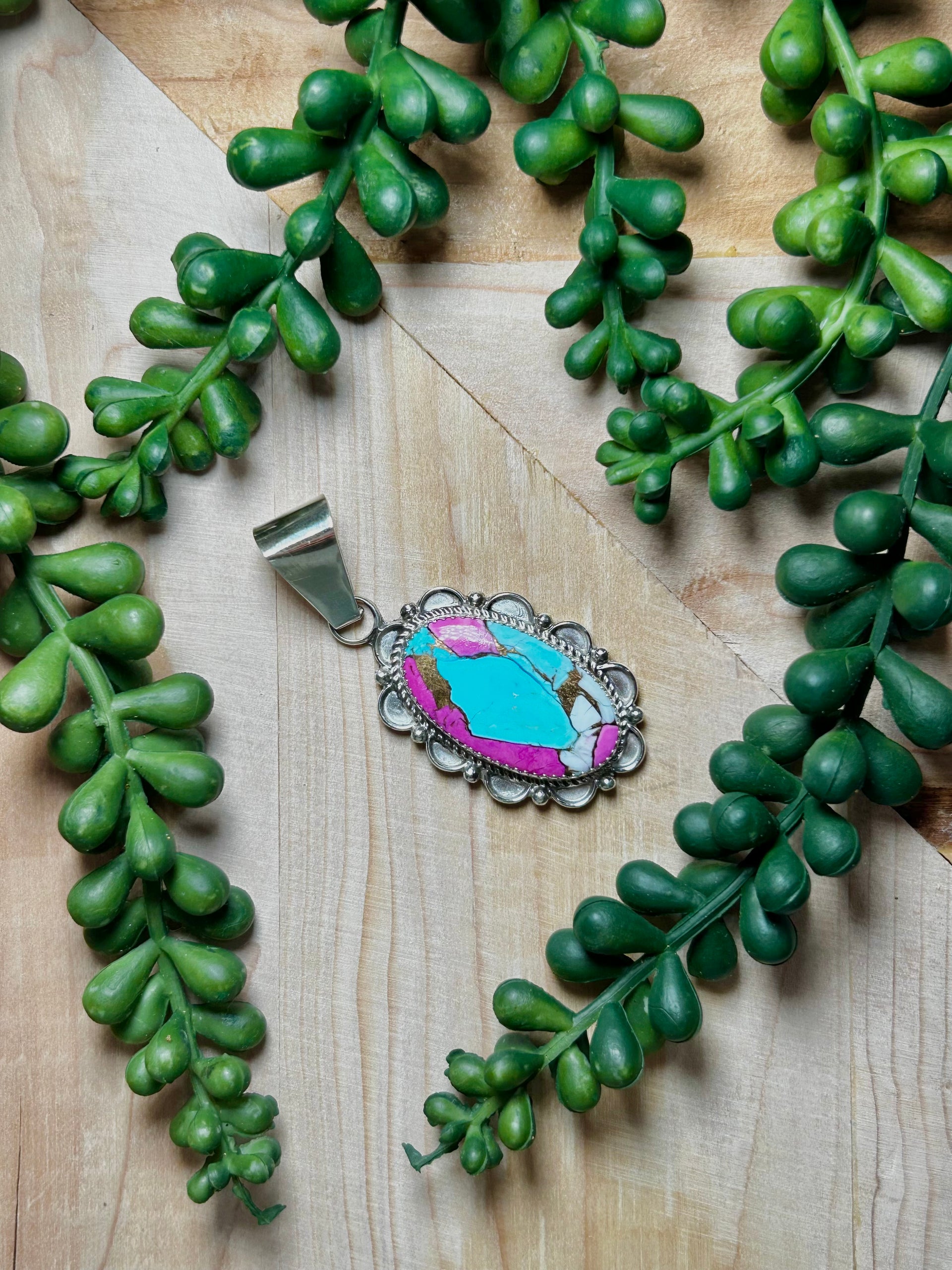 Navajo Made Cotton Candy Dahlia & Sterling Silver Cluster Pendant
