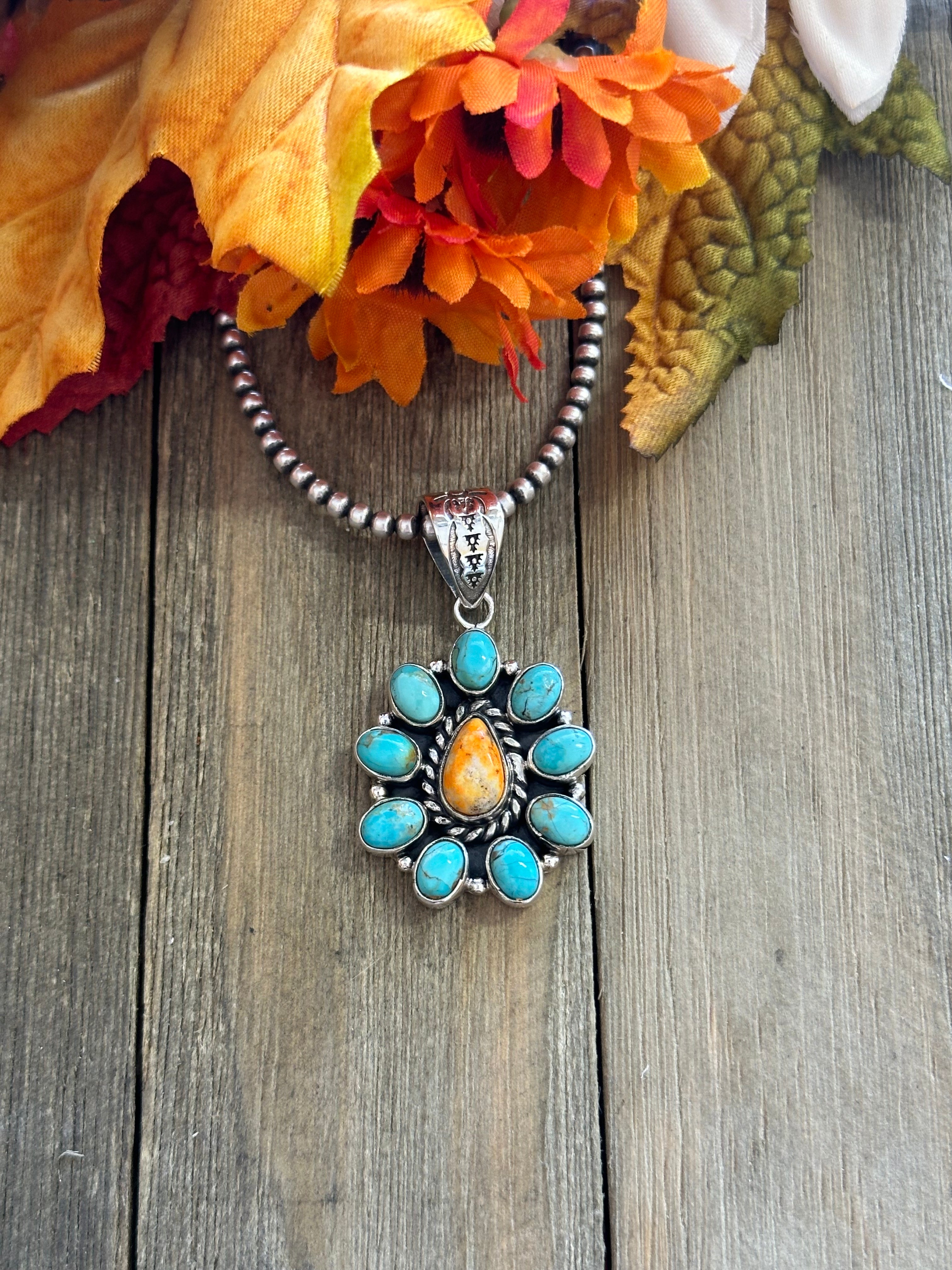 Southwest Handmade Multi Stone & Sterling Silver Cluster Pendant