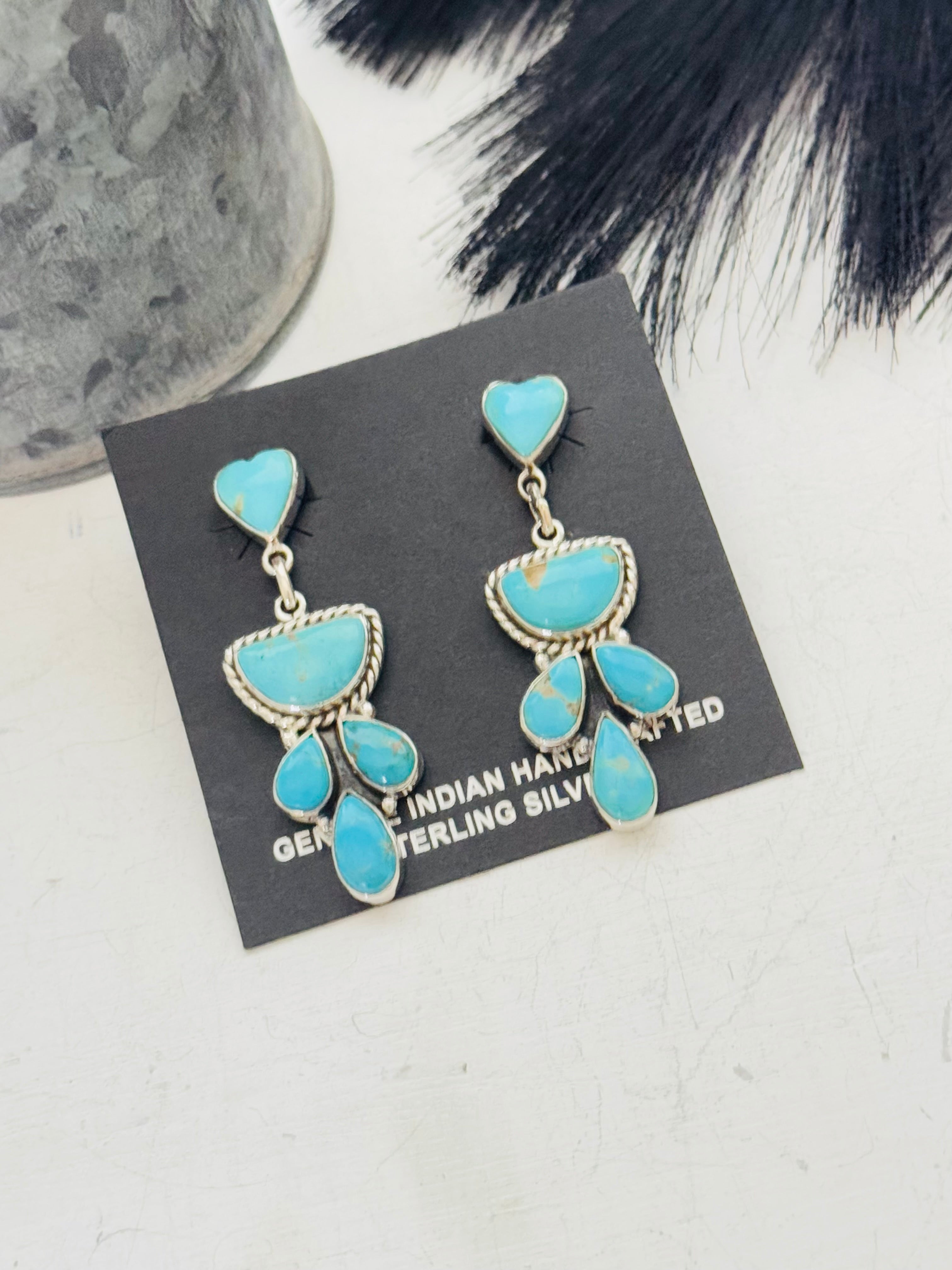 Southwest Handmade Kingman Turquoise & Sterling Silver Post Dangle Earrings