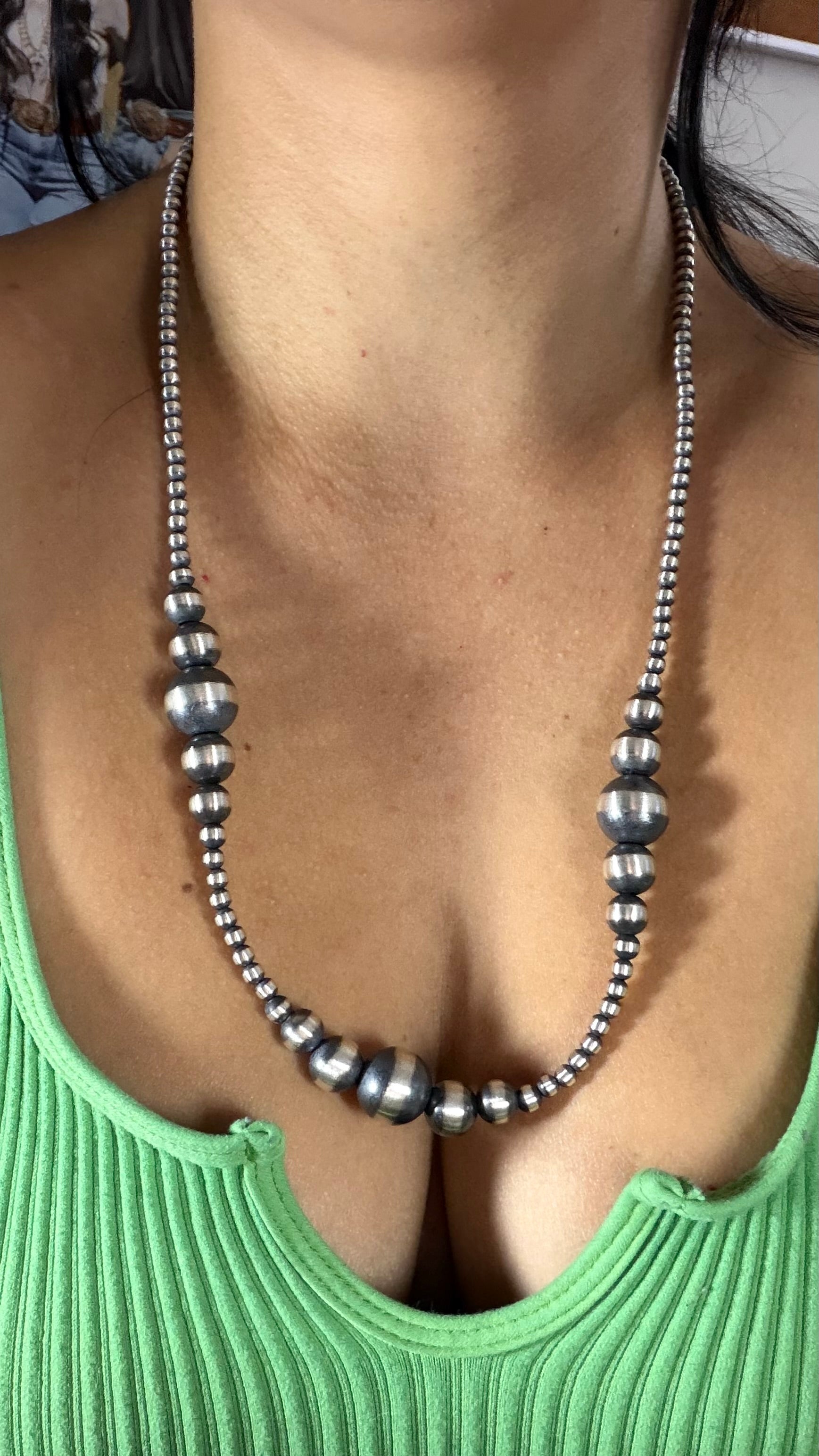 Navajo Strung Graduated Sterling Silver Pearls Beaded Machine Made 24” Necklace