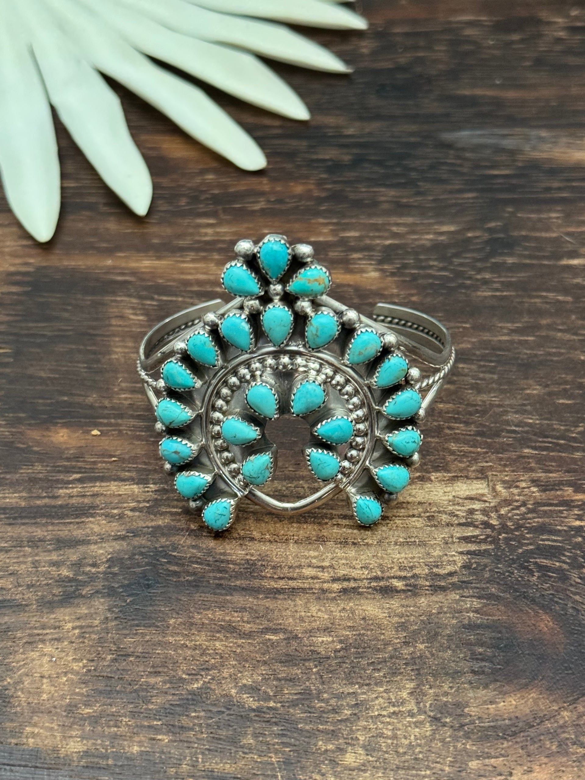Navajo Handmade Kingman Turquoise & Sterling Silver Cluster Naja Cuff Bracelet