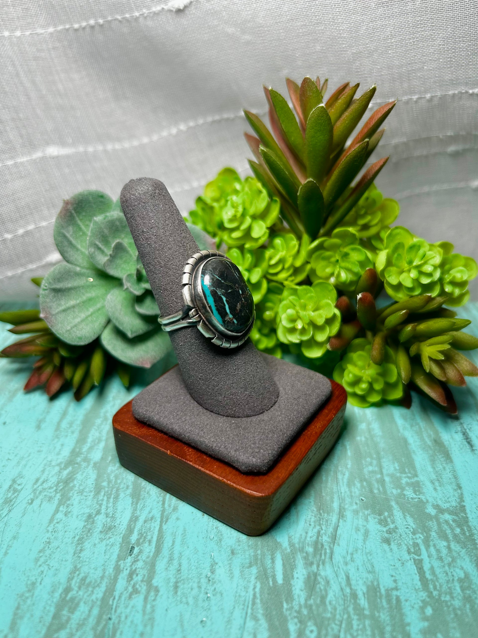 Navajo Made Blue Moon Turquoise & Sterling Sliver Ring Size 7.75