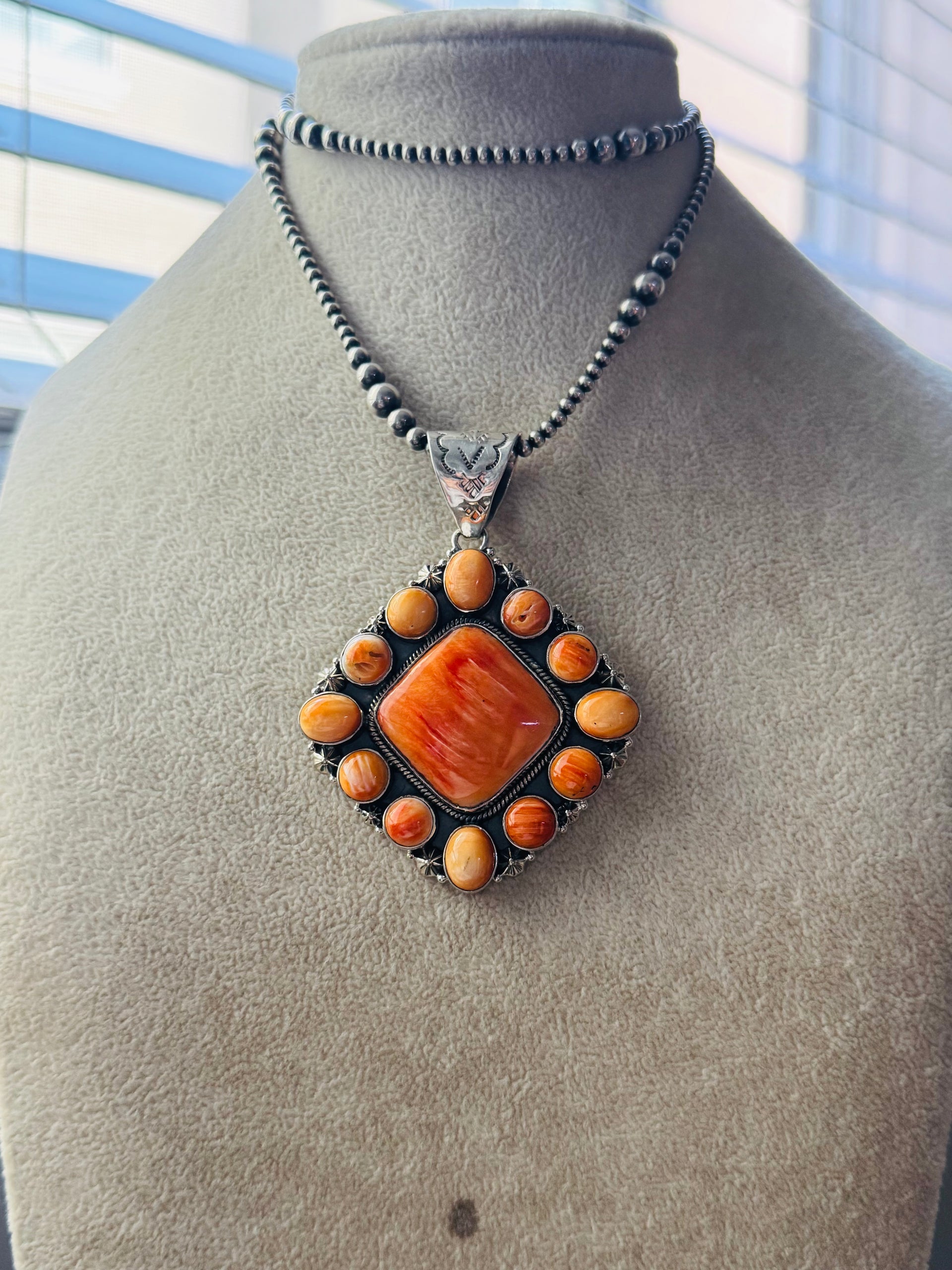 Navajo Made Spiny Oyster & Sterling Silver Cluster Pendant