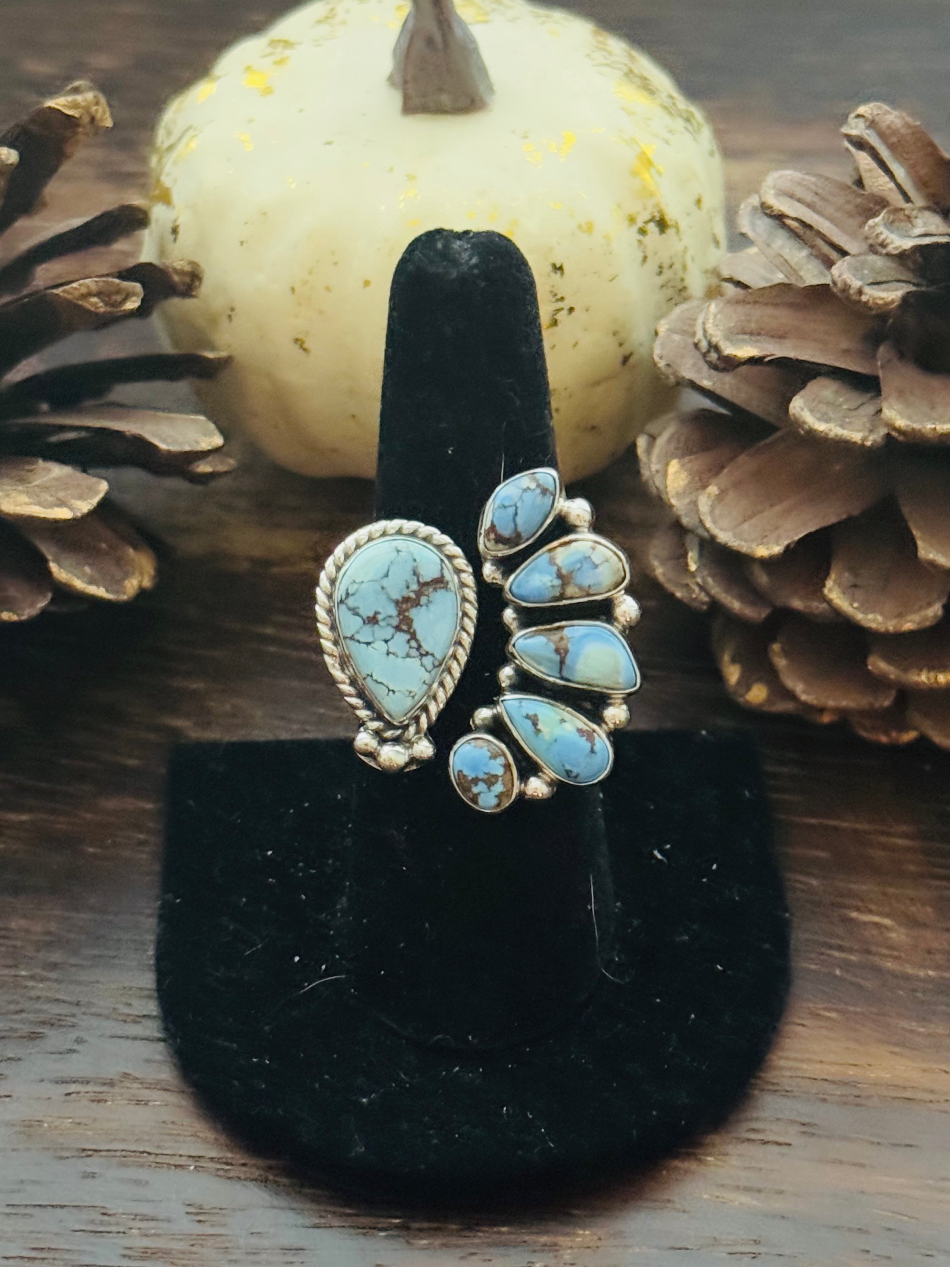 Southwest Handmade Golden Hills Turquoise & Sterling Silver Adjustable Cluster Ring