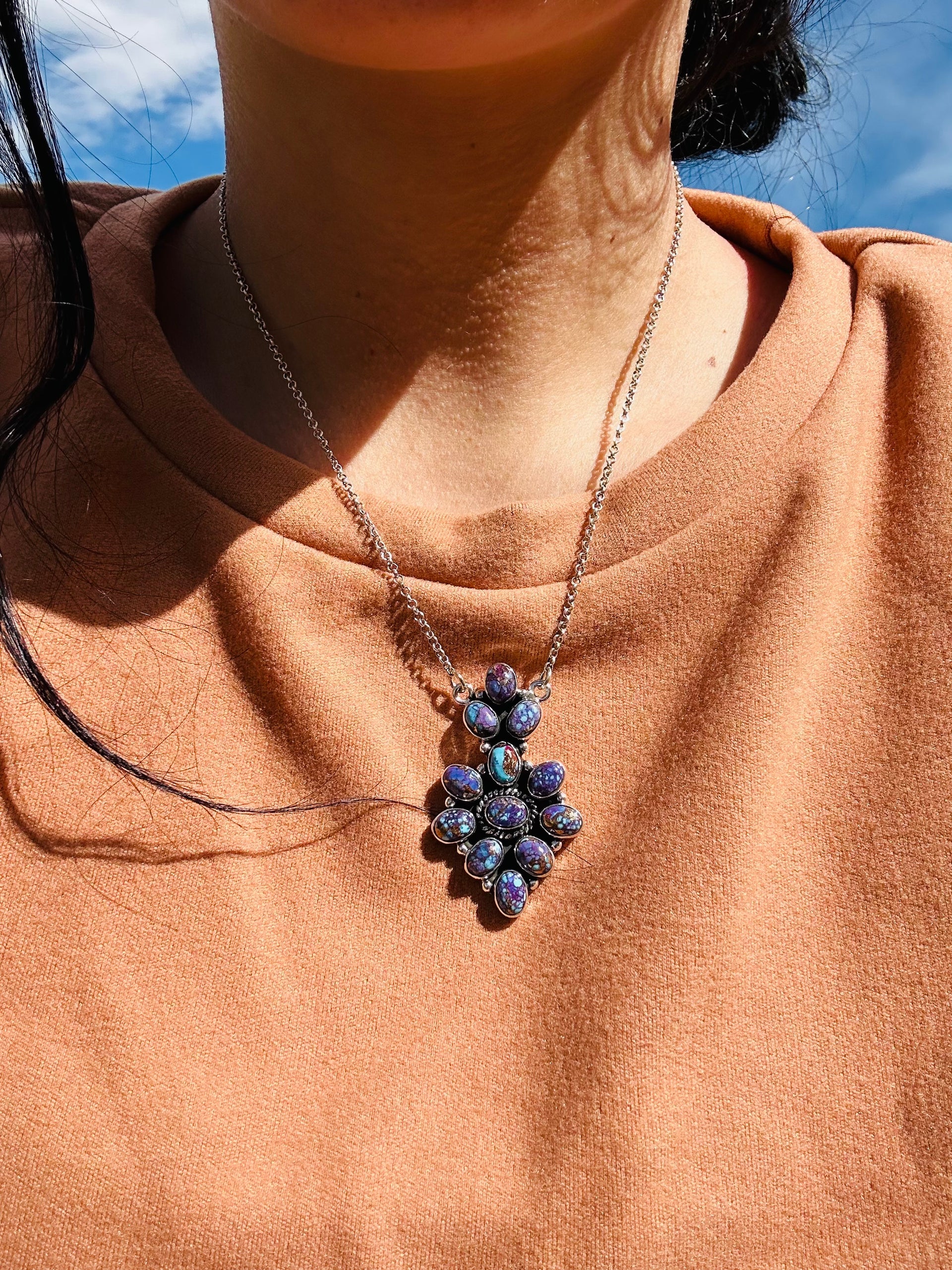 Southwest Handmade Mohave Turquosie & Sterling Silver Cluster Necklace