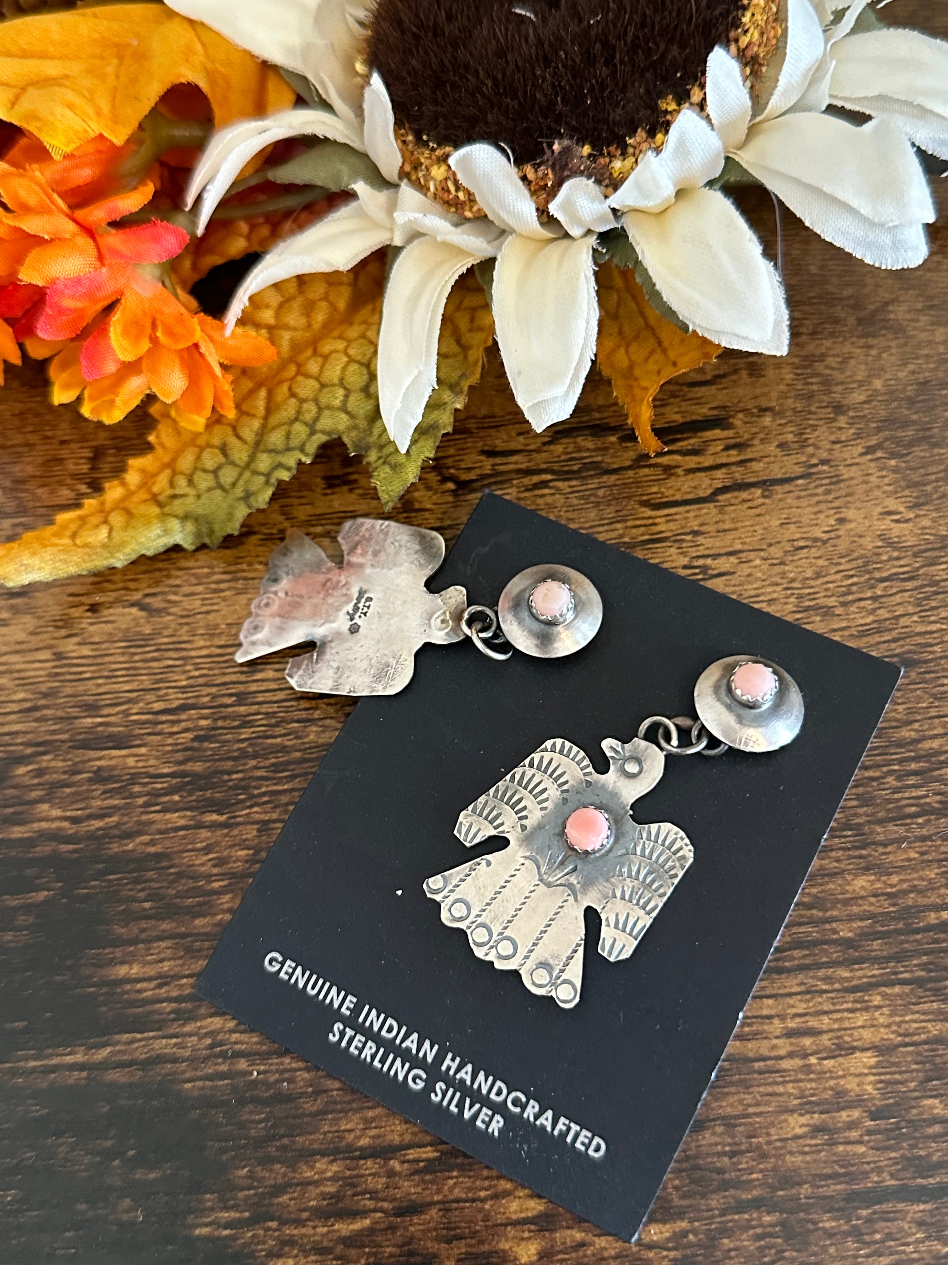 Navajo Mare Pink Conch & Sterling Silver Post Dangle Thunderbird Earrings