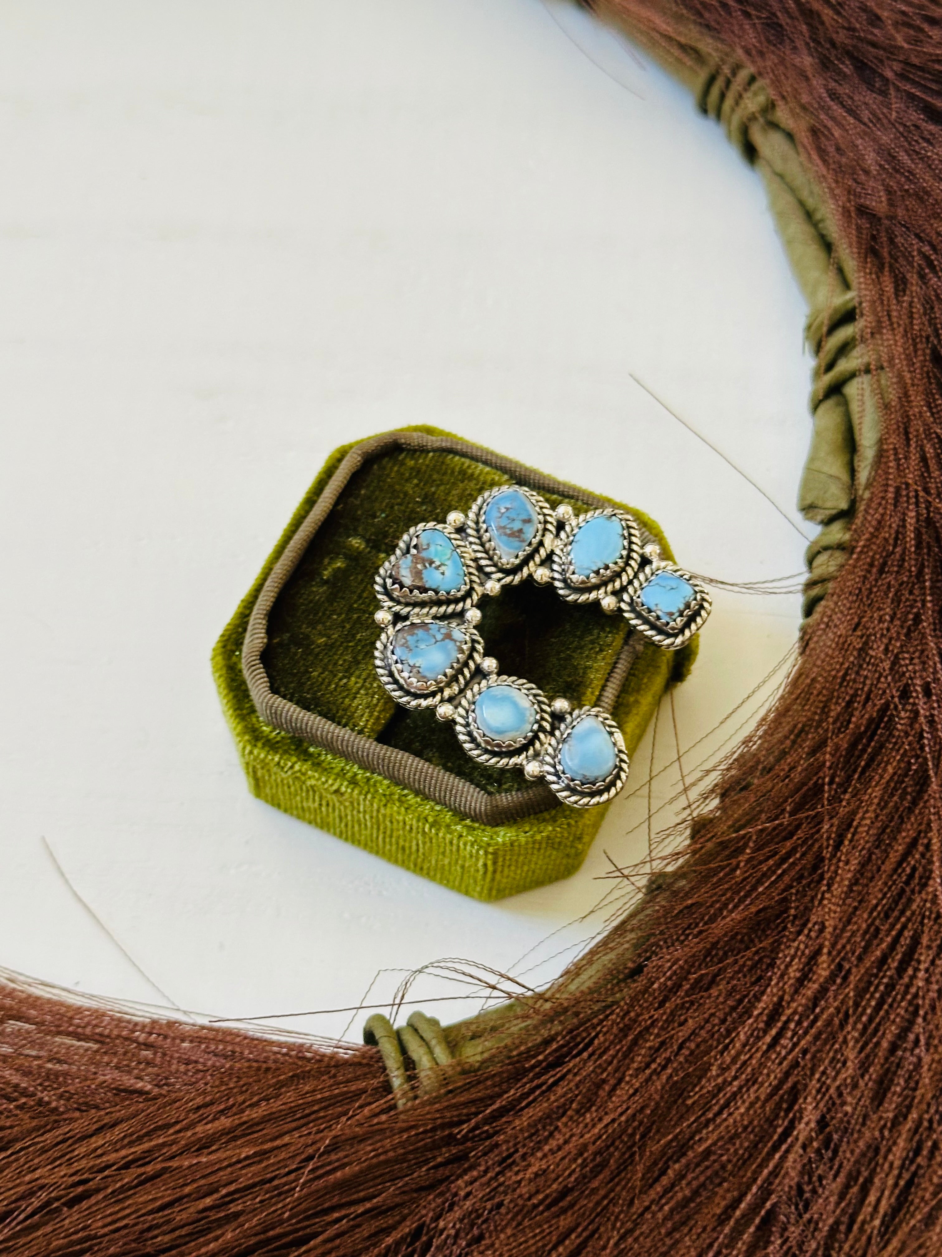 TTD “Prosperous” Golden Hills Turquoise & Sterling Silver Adjustable Cluster Naja Ring