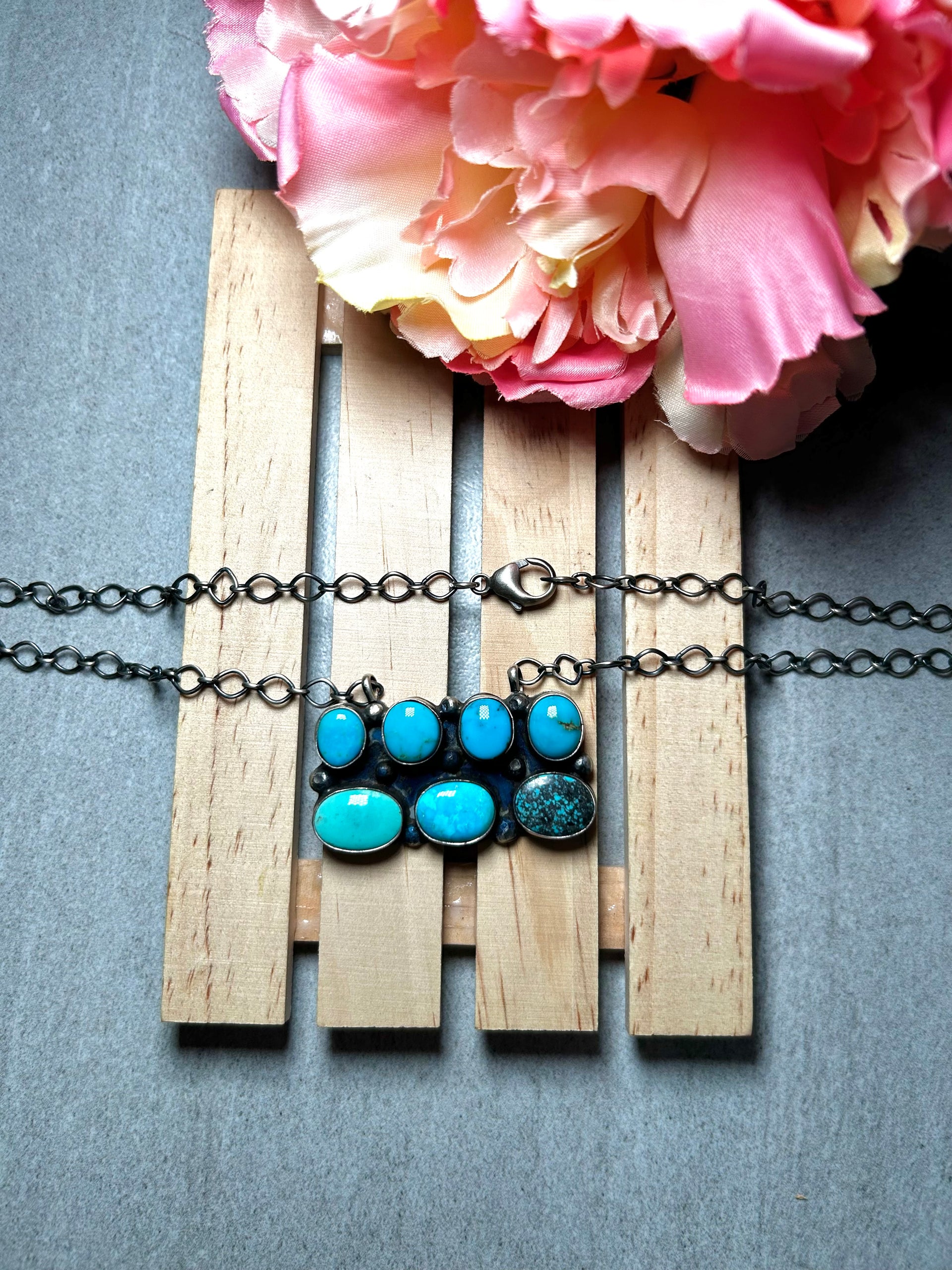 Navajo Made Mixed Turquoise & Sterling Silver Cluster Necklace