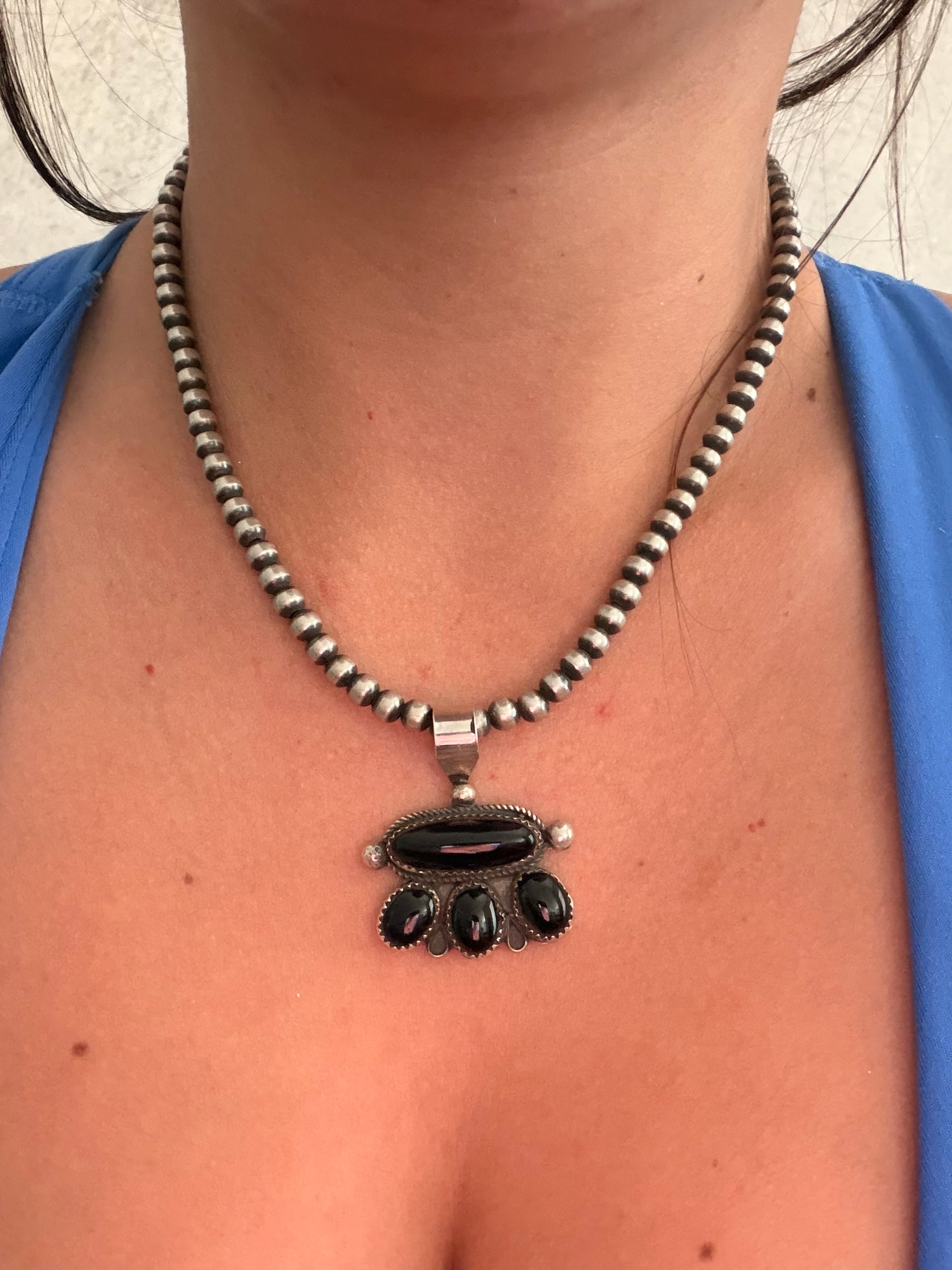 Navajo Made Onyx & Sterling Silver Cluster Pendant