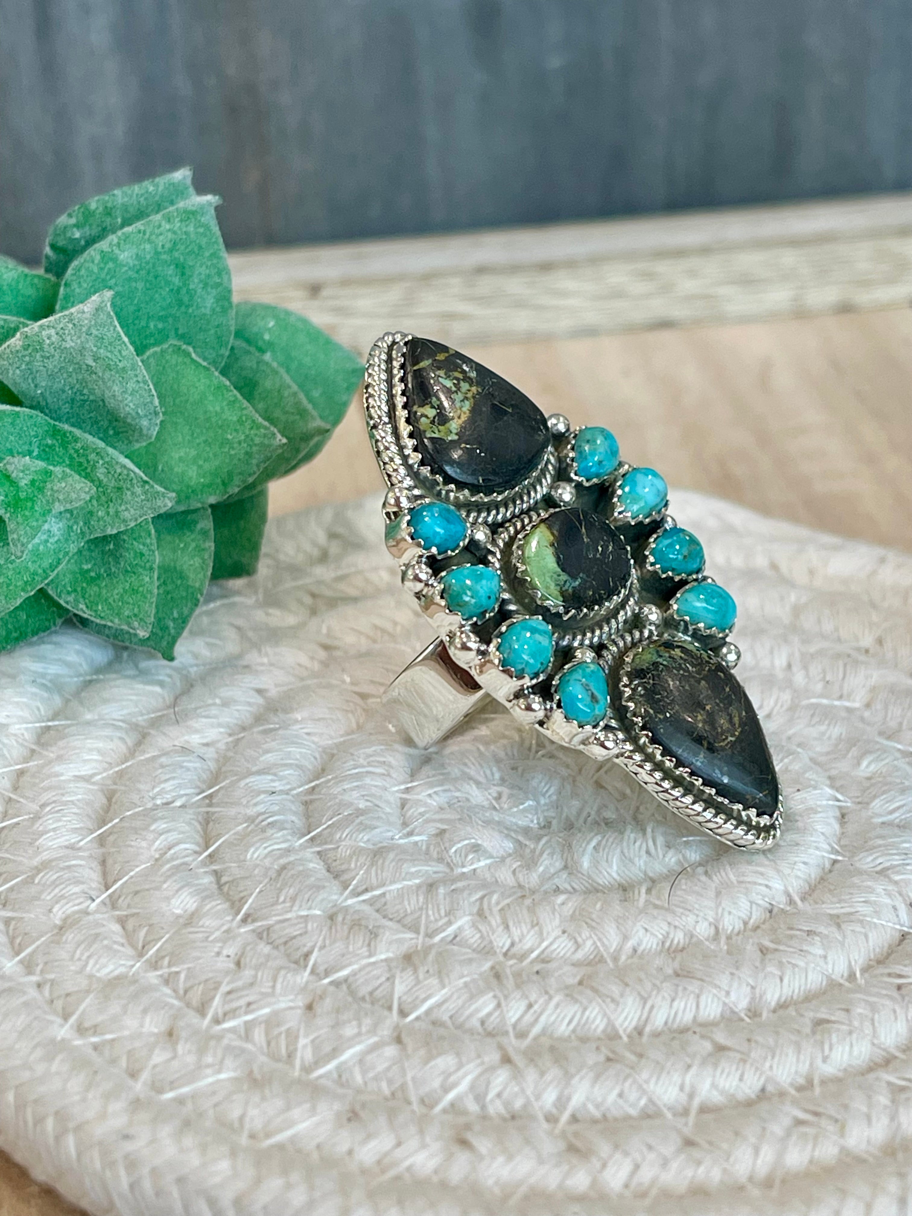 Southwest Handmade BlackJack Turquoise And Kingman Turquoise & Sterling Silver Adjustable Ring