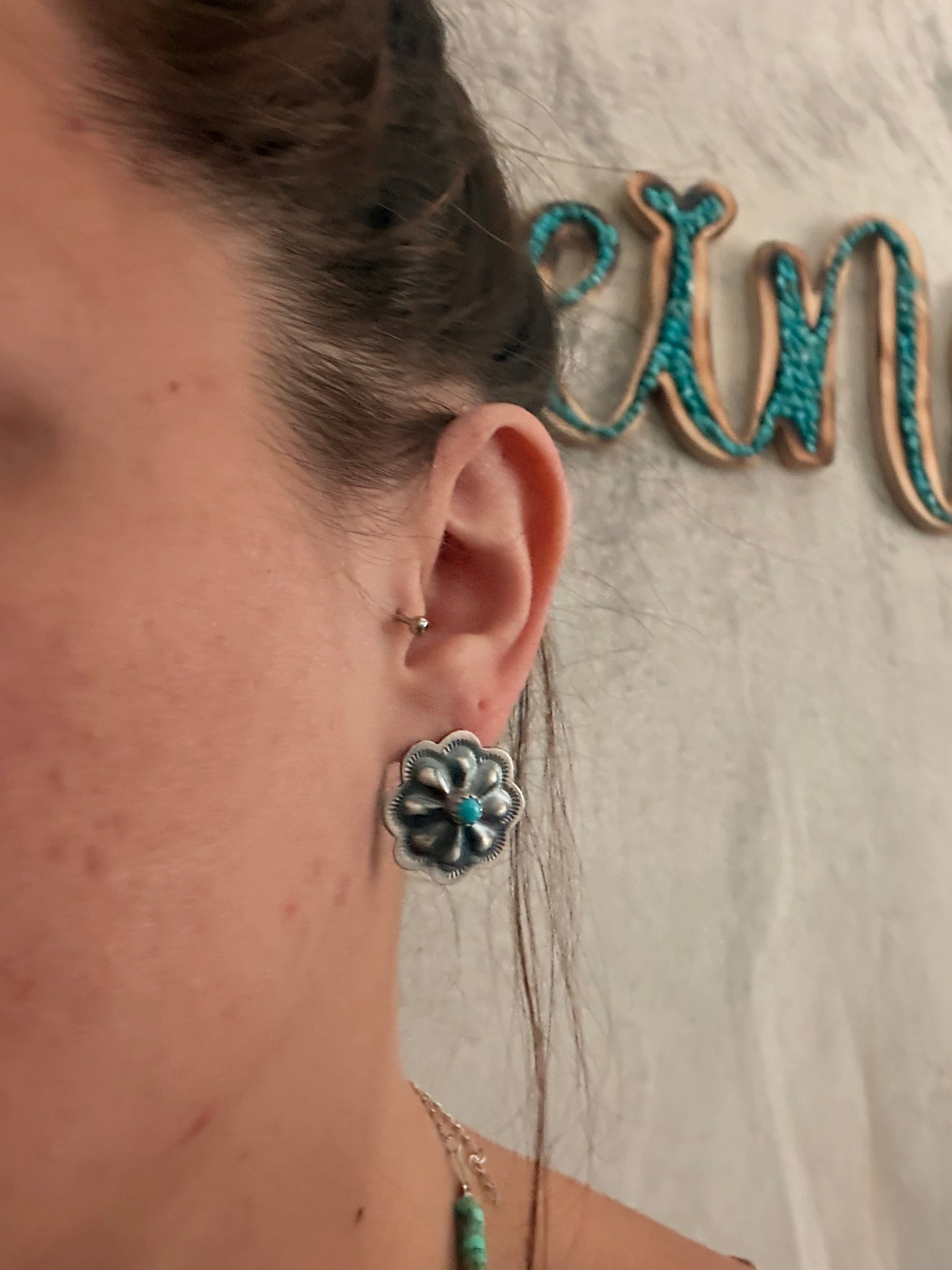 Navajo Made Sleeping Beauty Turquoise & Sterling Silver Post Concho Earrings