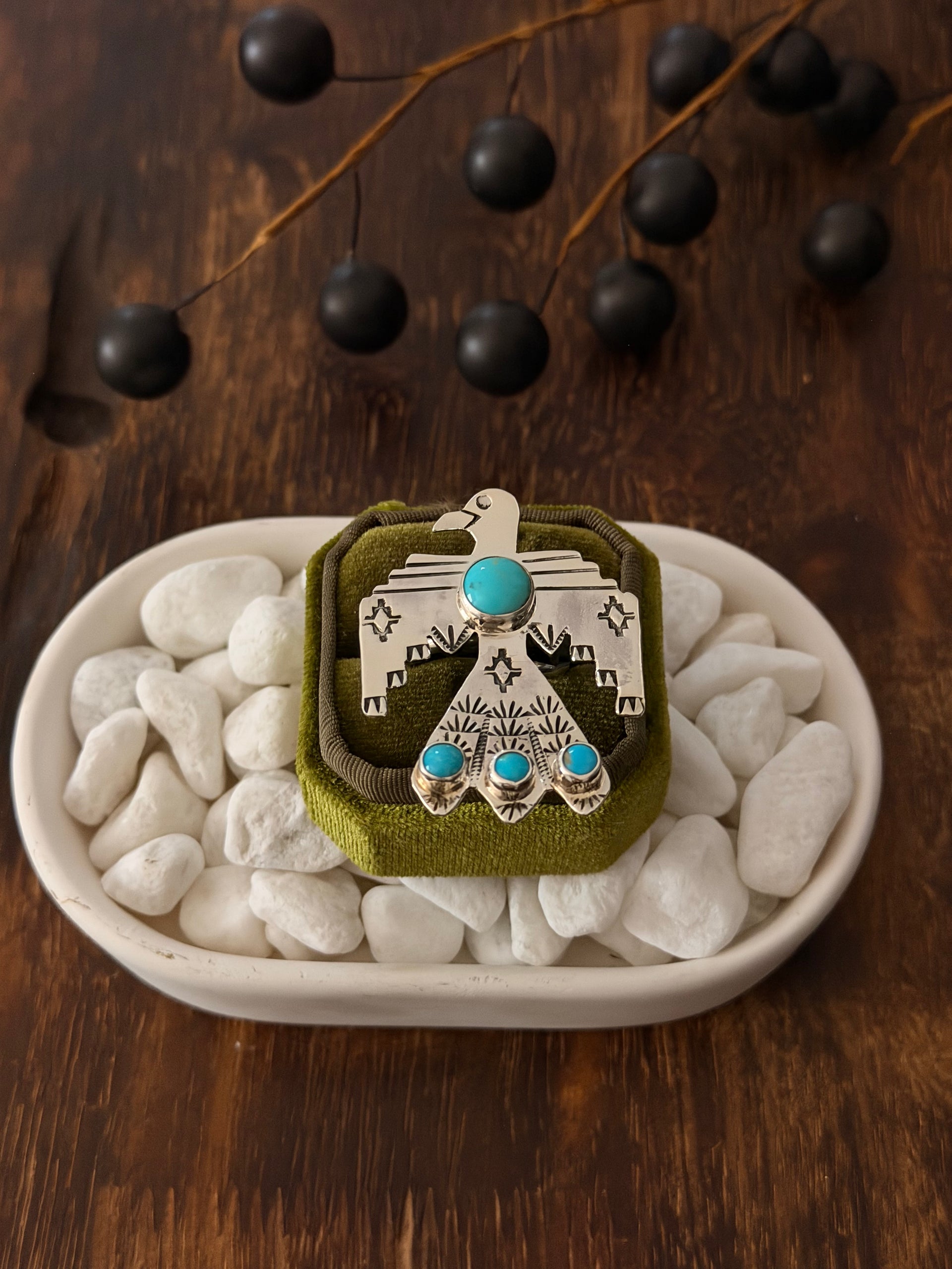 Navajo Made Kingman Turquoise & Sterling Silver Thunderbird Adjustable Ring