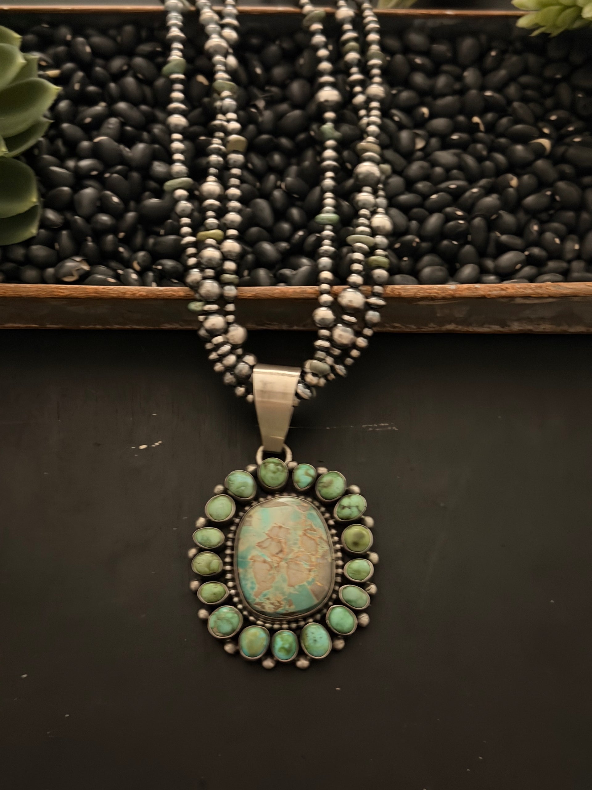 Blane Yellowhorse Mixed Turquoise & Sterling Silver Pearl Necklace/Pendant