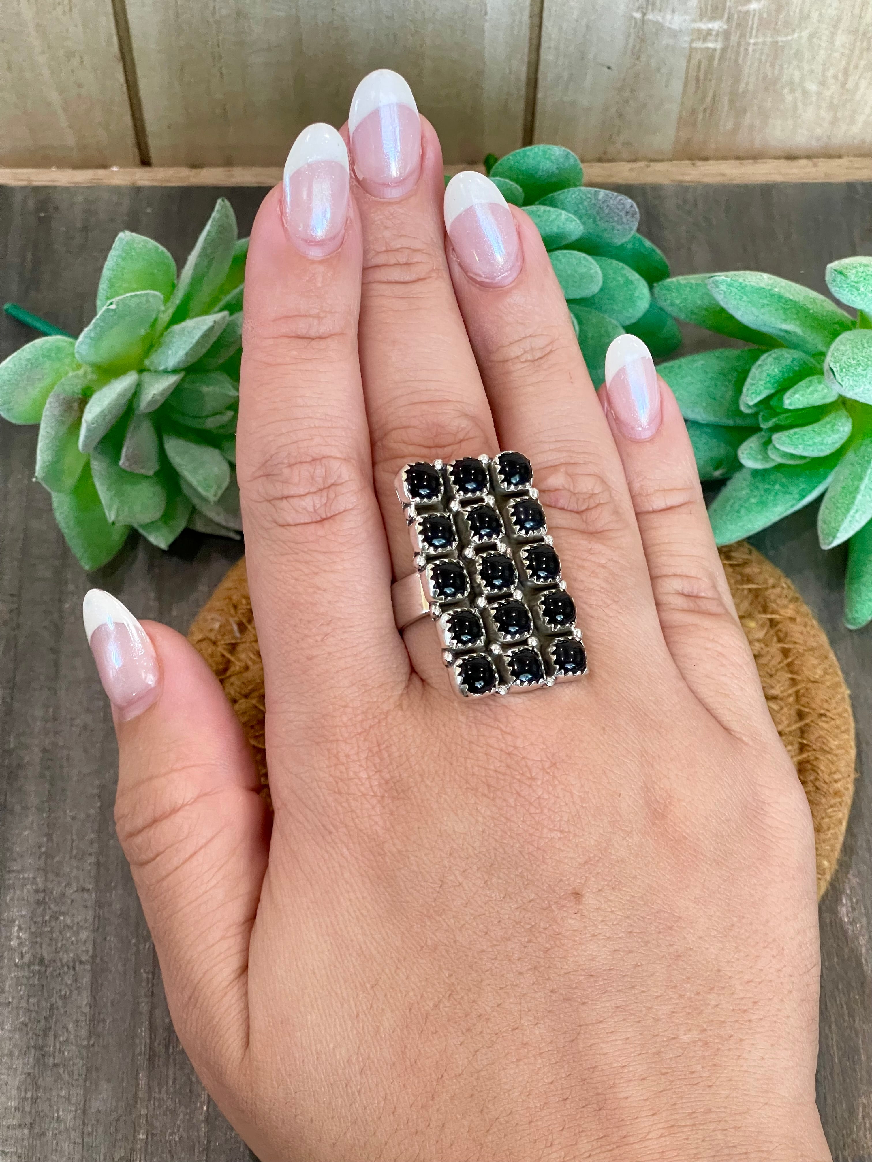 Southwest Handmade Black Onyx & Sterling Silver Adjustable Cluster Ring