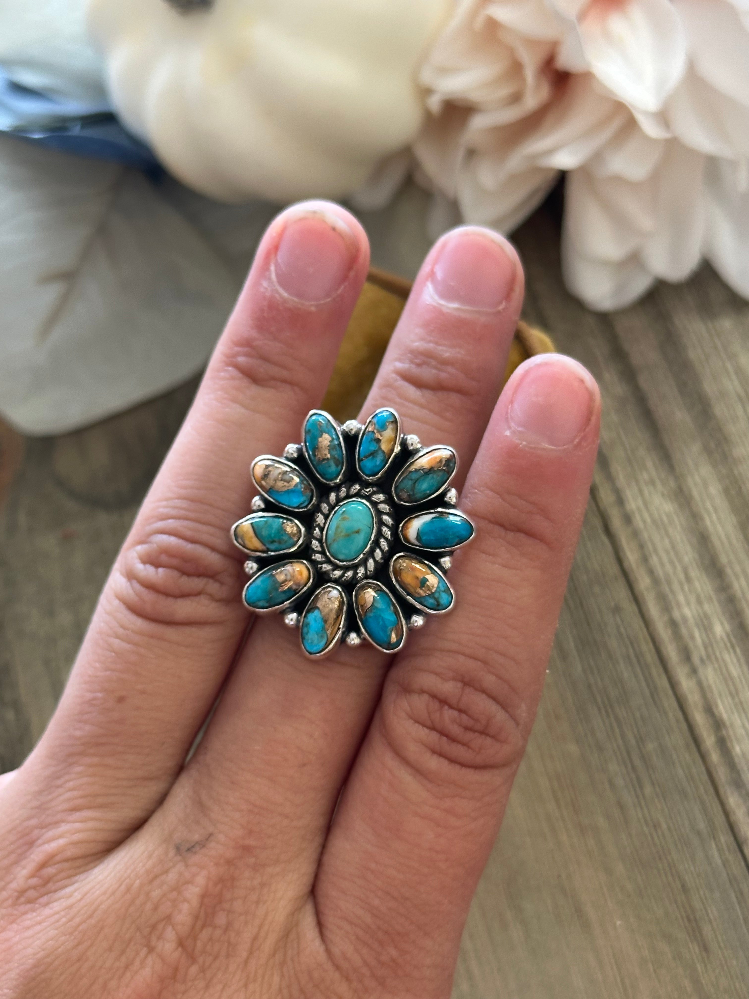 Southwest Handmade Mohave Turquoise & Sterling Silver Adjustable Cluster Ring