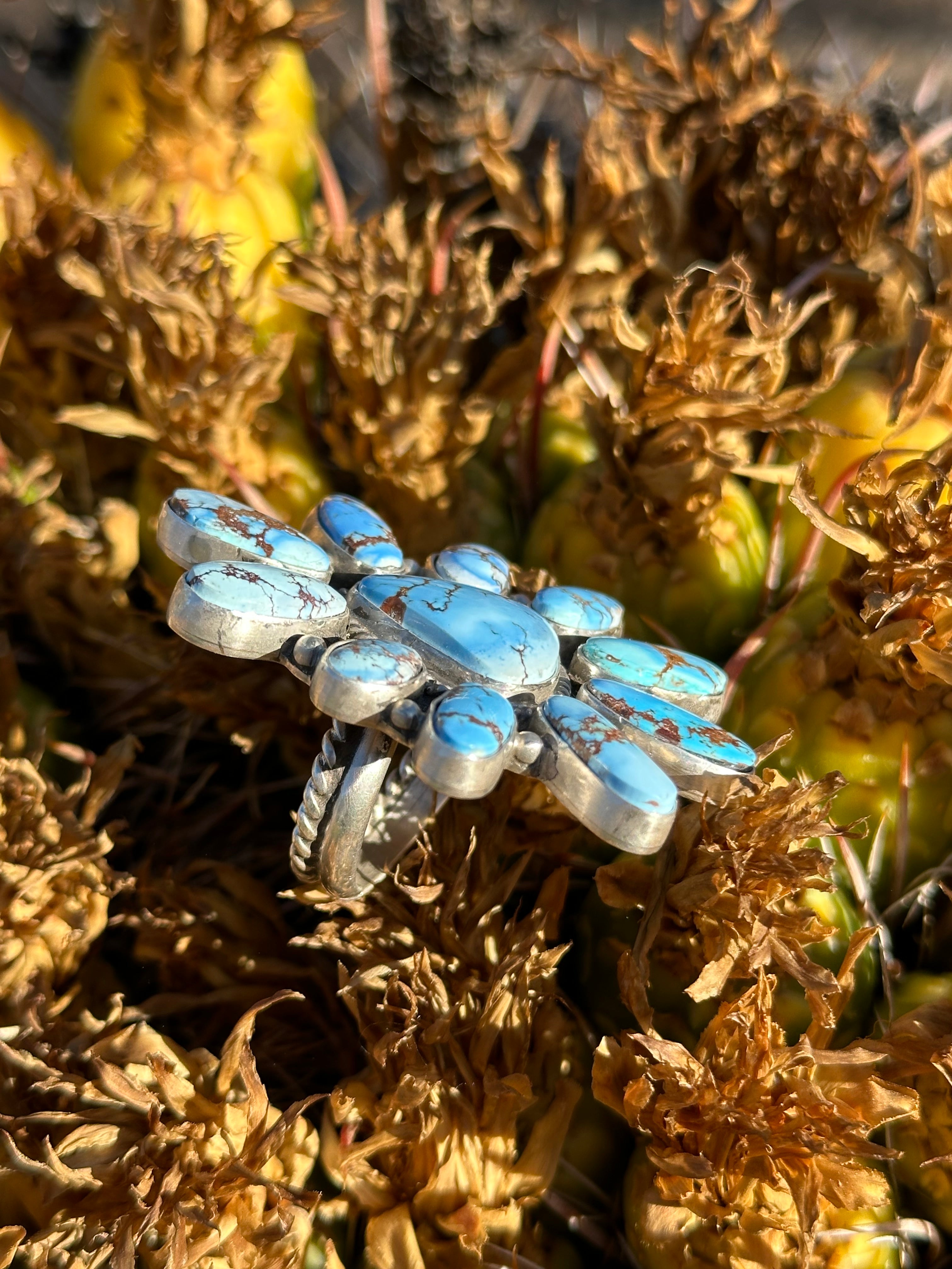 Thomas Francisco Golden Hills Turquoise & Sterling Silver Cluster Adjustable Ring Size 8.25