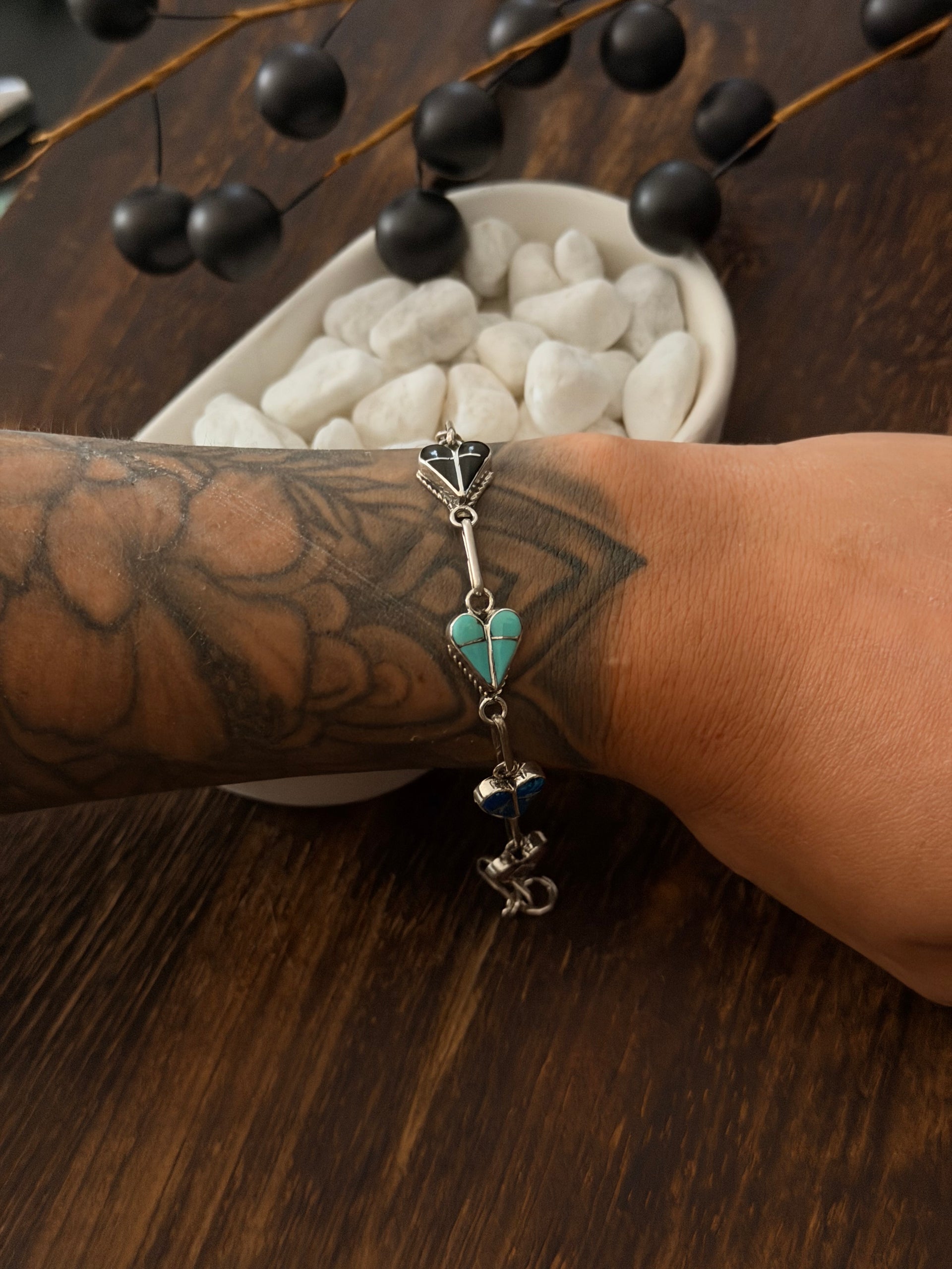 Velda Nastacio Multi Stone & Sterling Silver Link Heart Bracelet