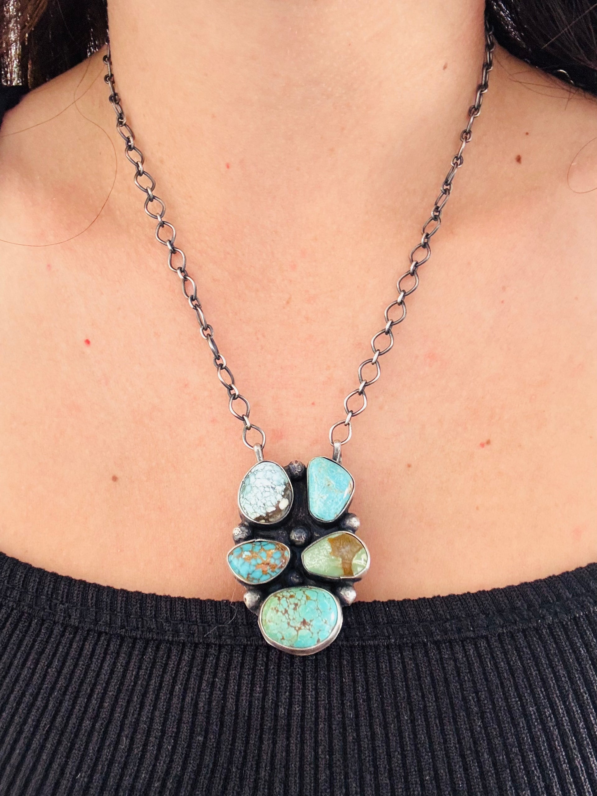 Navajo Made Mixed Turquoise & Sterling Silver Cluster Necklace