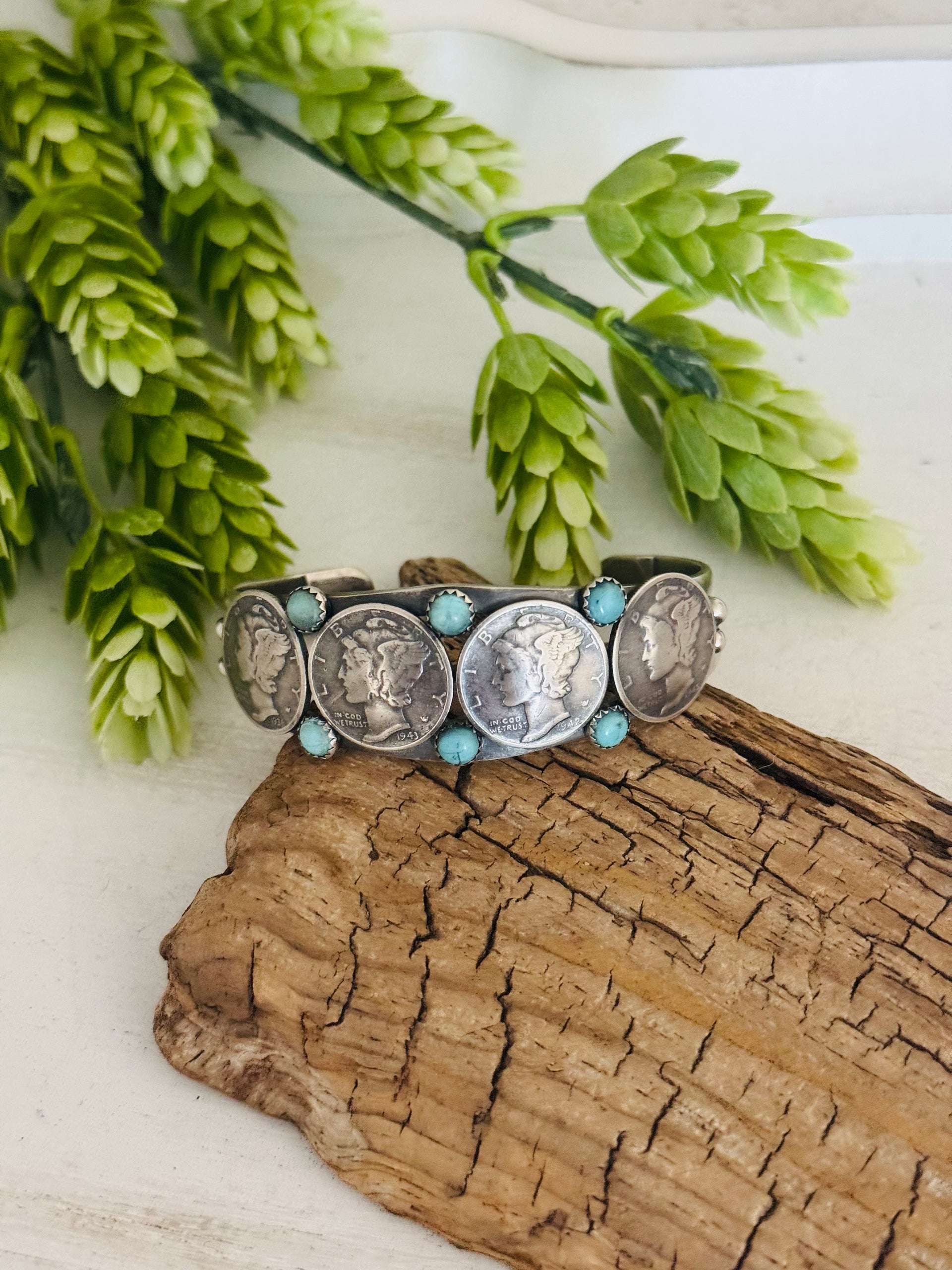 Larry Archuleta Kingman Turquoise & Sterling Silver Liberty Dime Cuff Bracelet