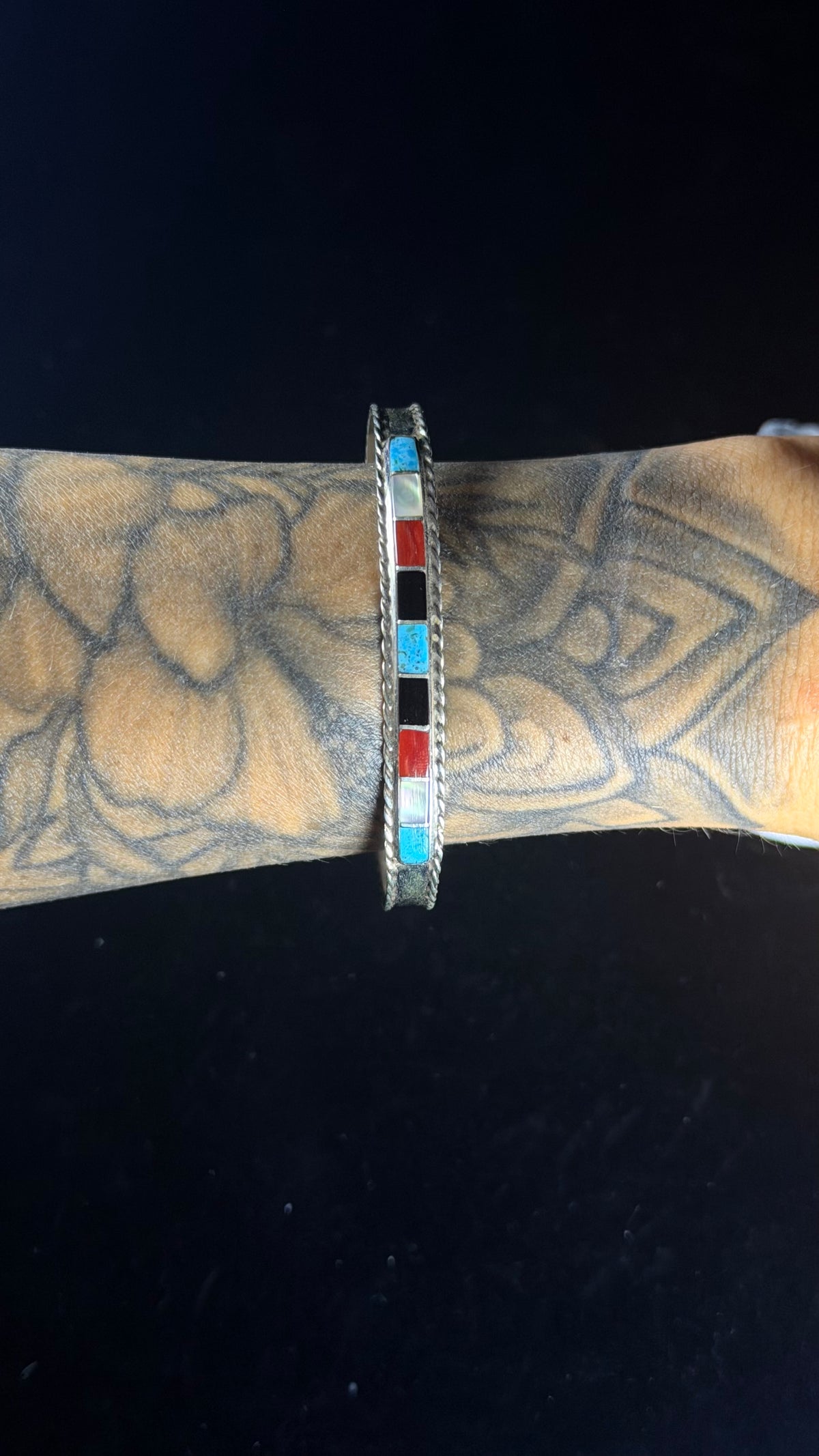 Zuni Made Multi Stone & Sterling Silver Inlay Cuff Bracelet