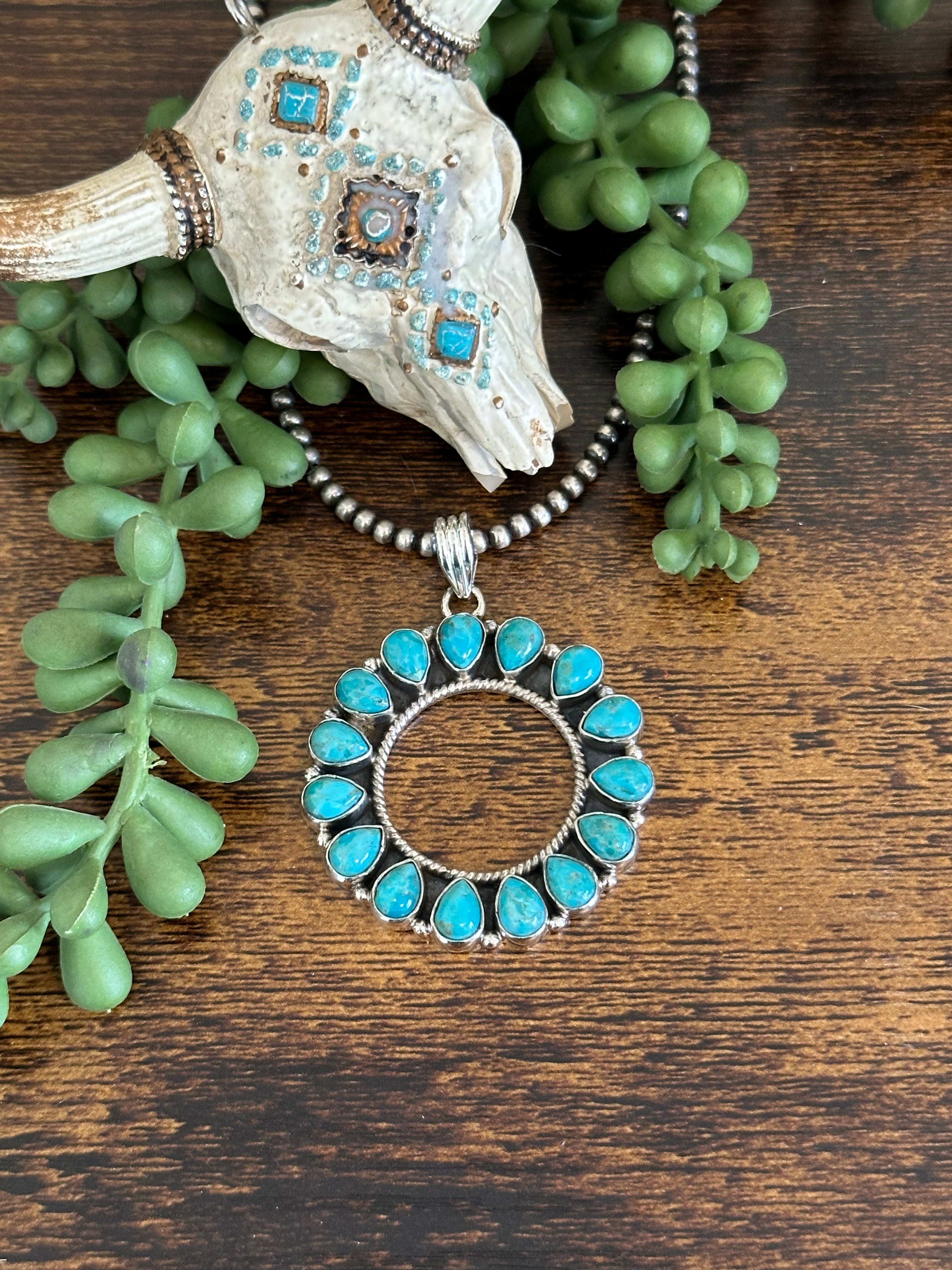 Southwest Handmade Kingman Turquoise & Sterling Silver Cluster Pendant