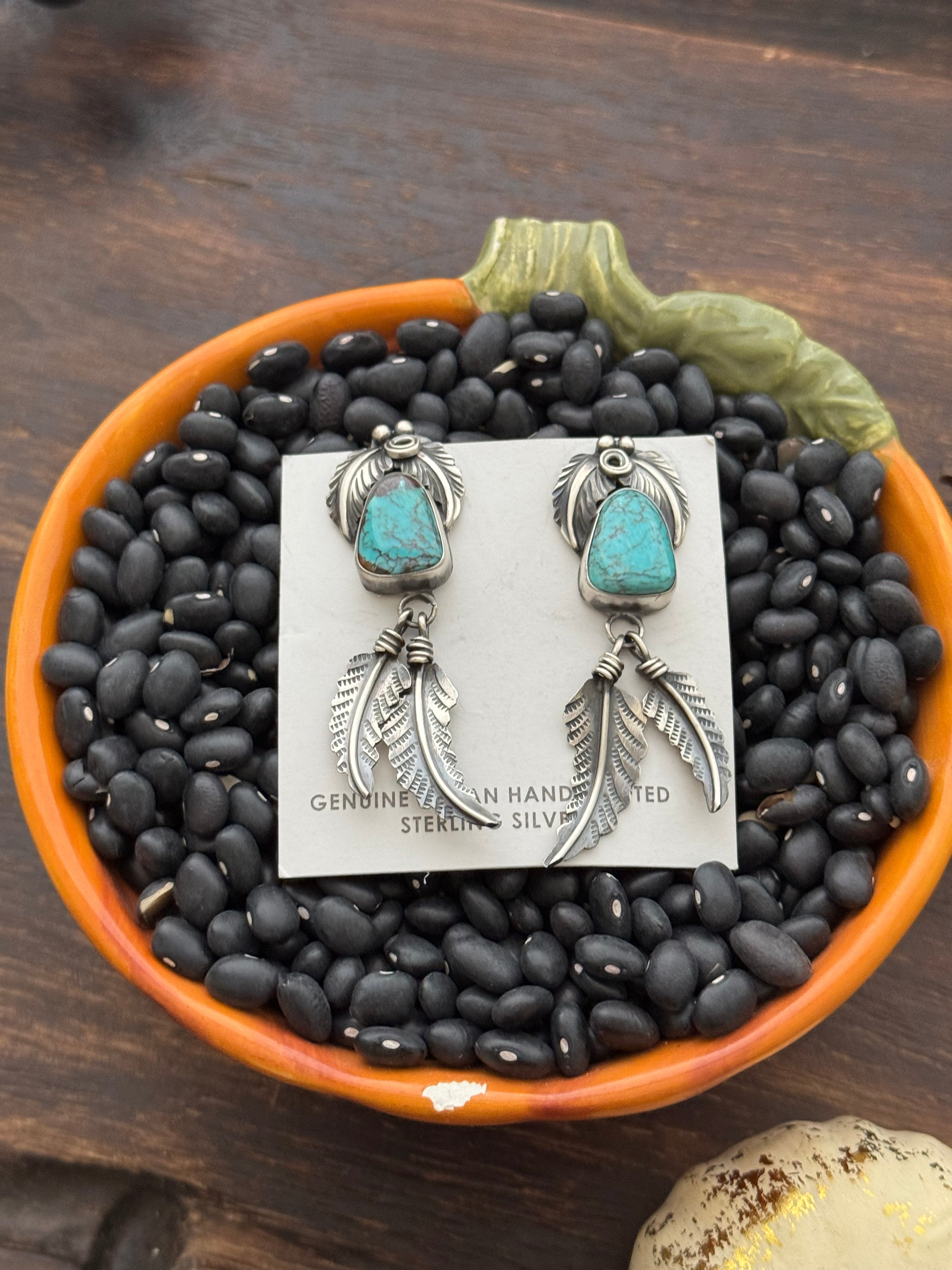 Navajo Handmade #8 Turquoise & Sterling Silver Feather Post Dangle Earrings