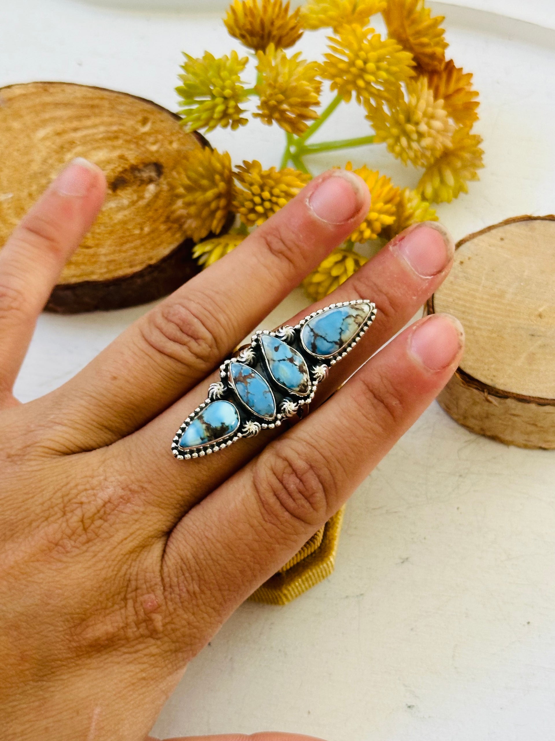 Southwest Handmade Golden Hills Turquoise & Sterling Silver Ring Size 7