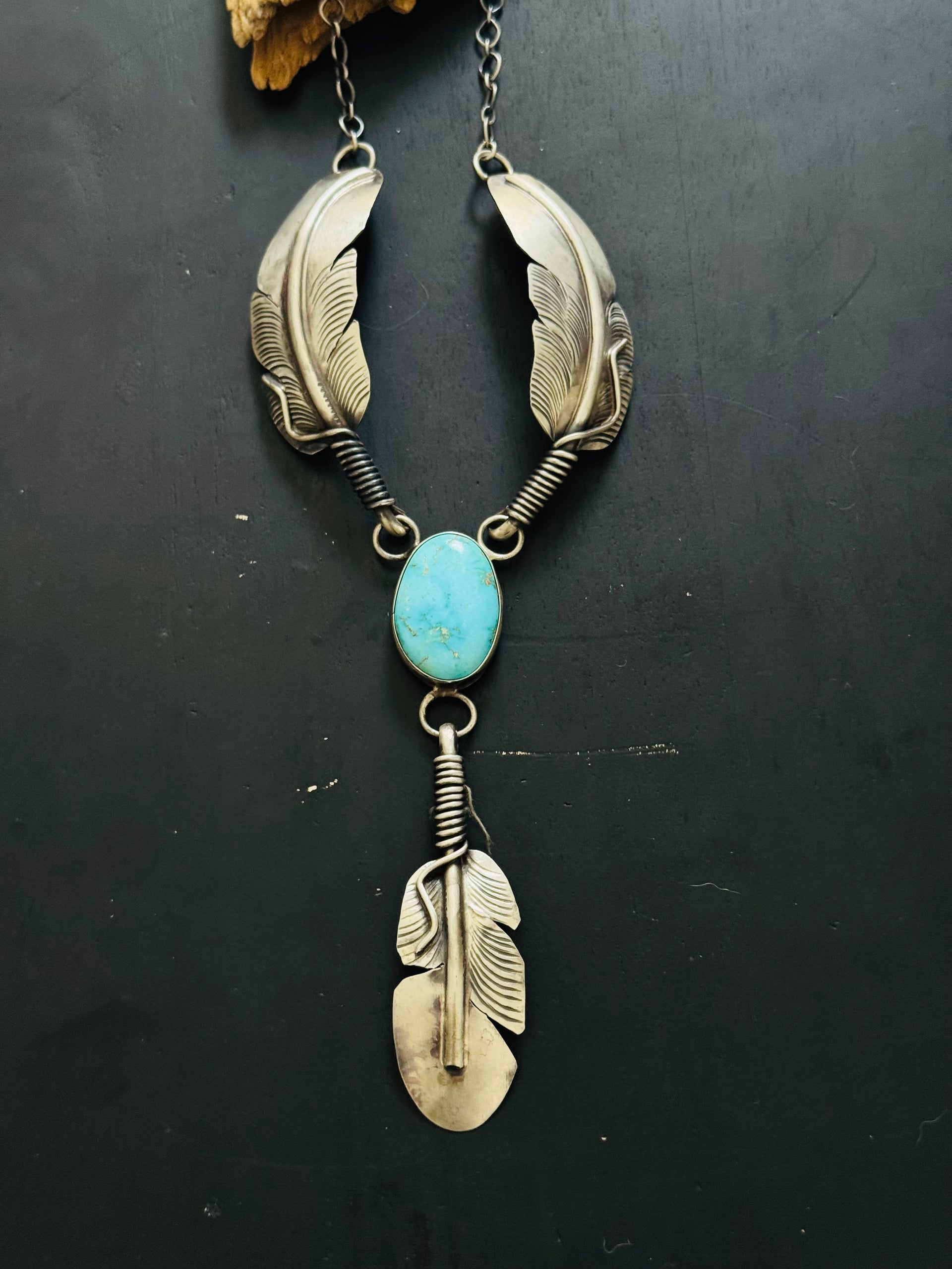 Navajo Made Royston Turquoise and Sterling Silver Feather Necklace