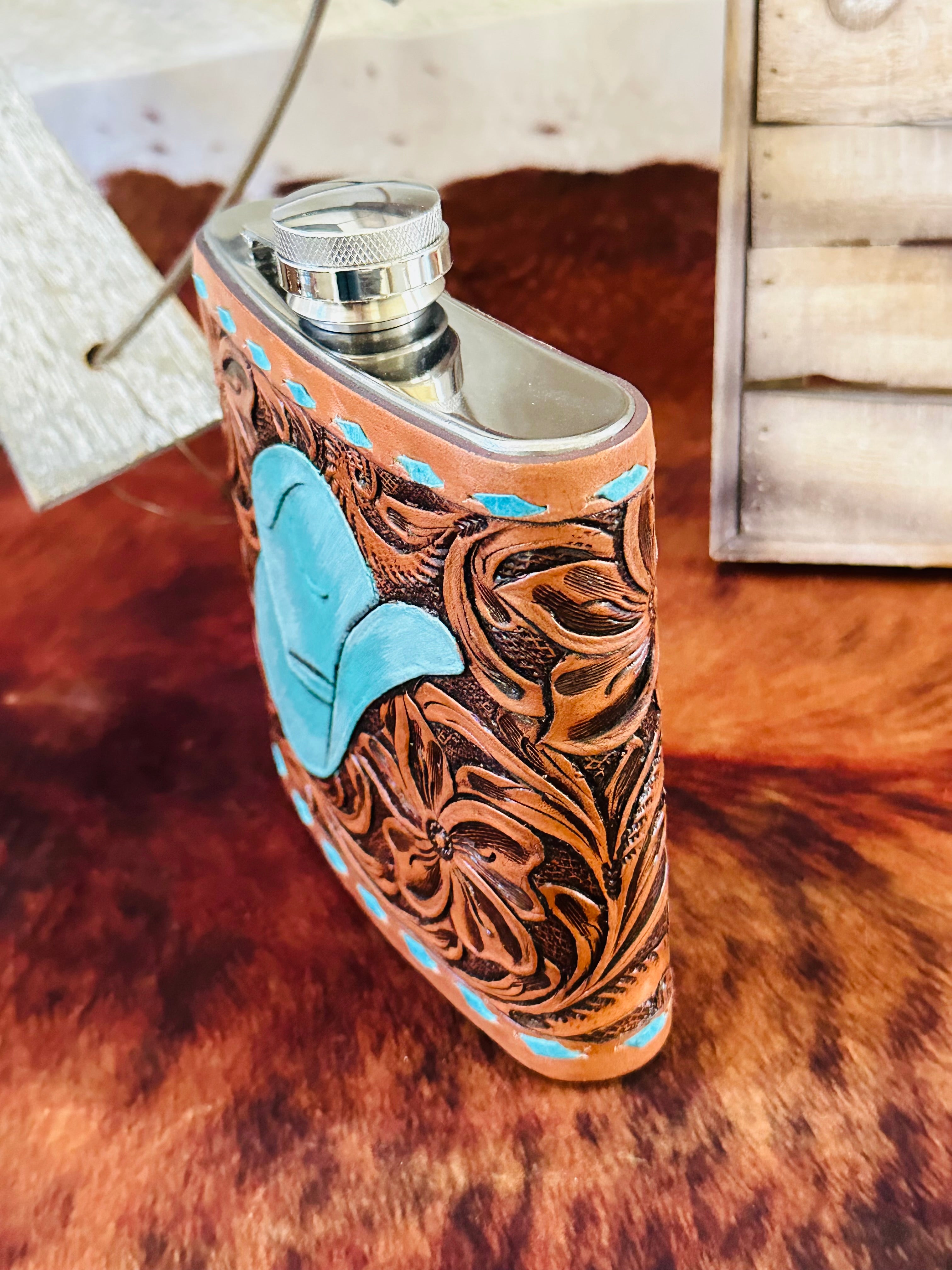 Genuine Tooled Leather 16 oz Flask