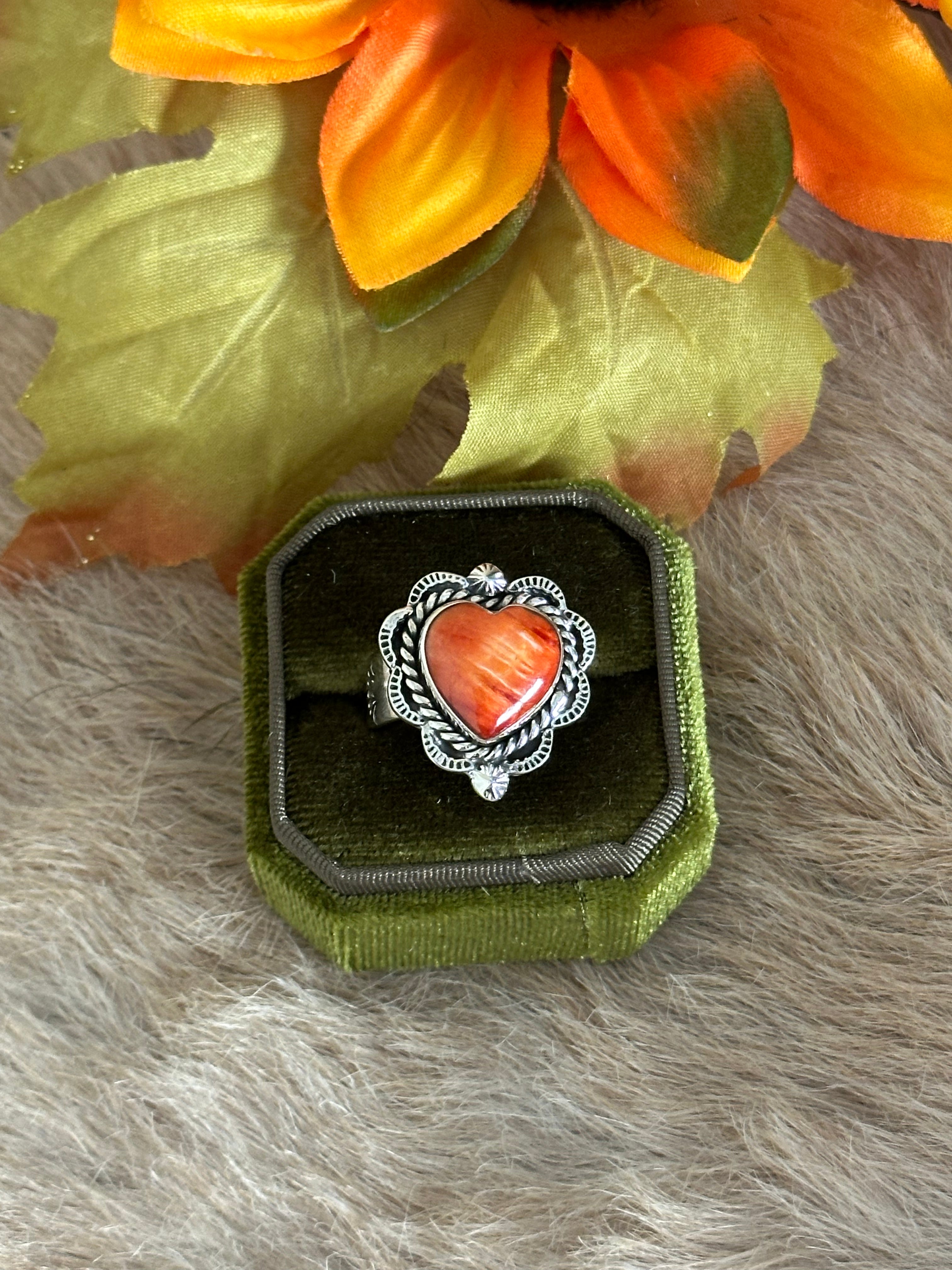 Southwest Handmade Spiny Oyster & Sterling Silver Adjustable Heart Ring