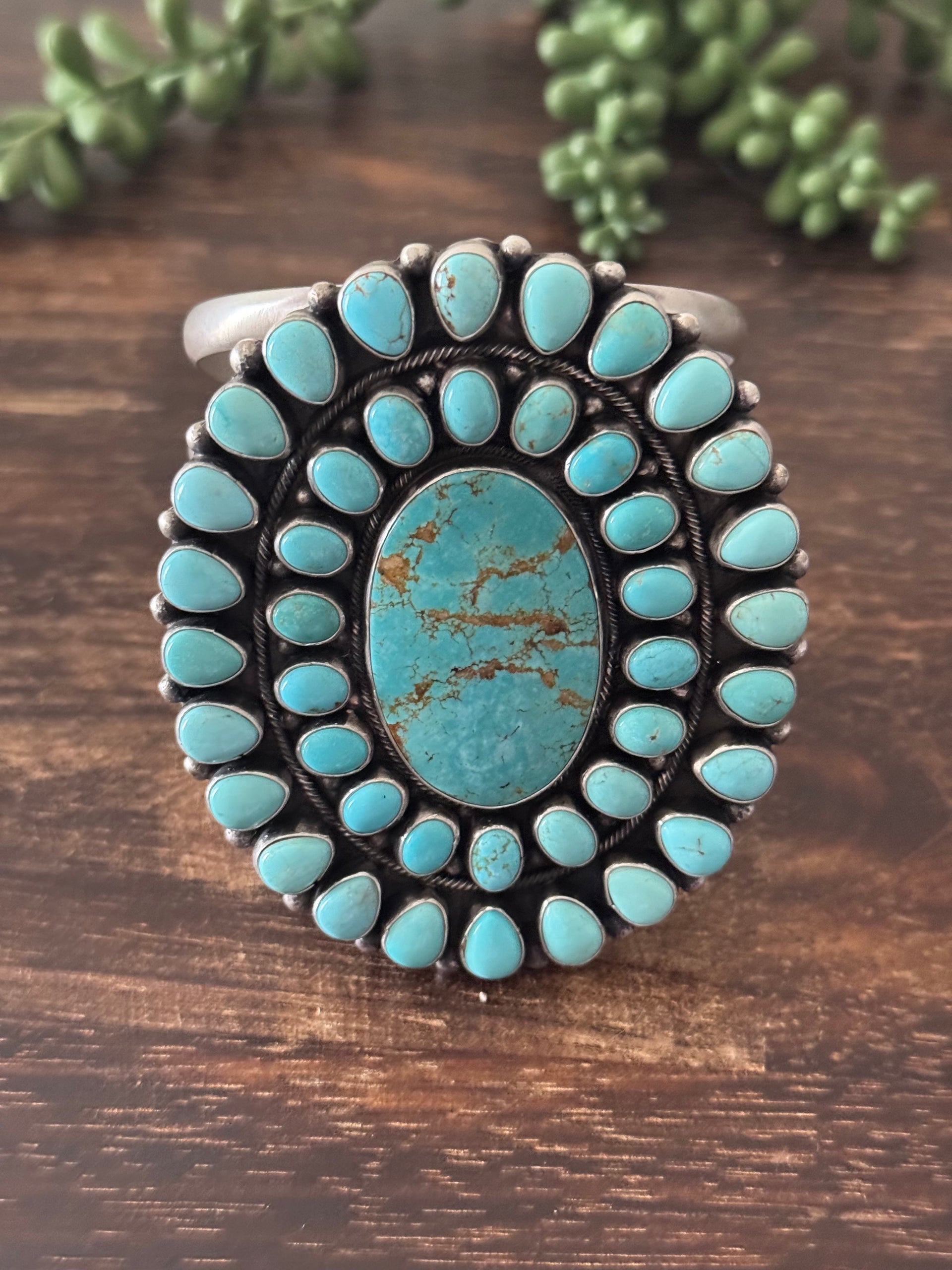 Navajo Made #8 Turquoise & Sterling Silver cluster Cuff Bracelet