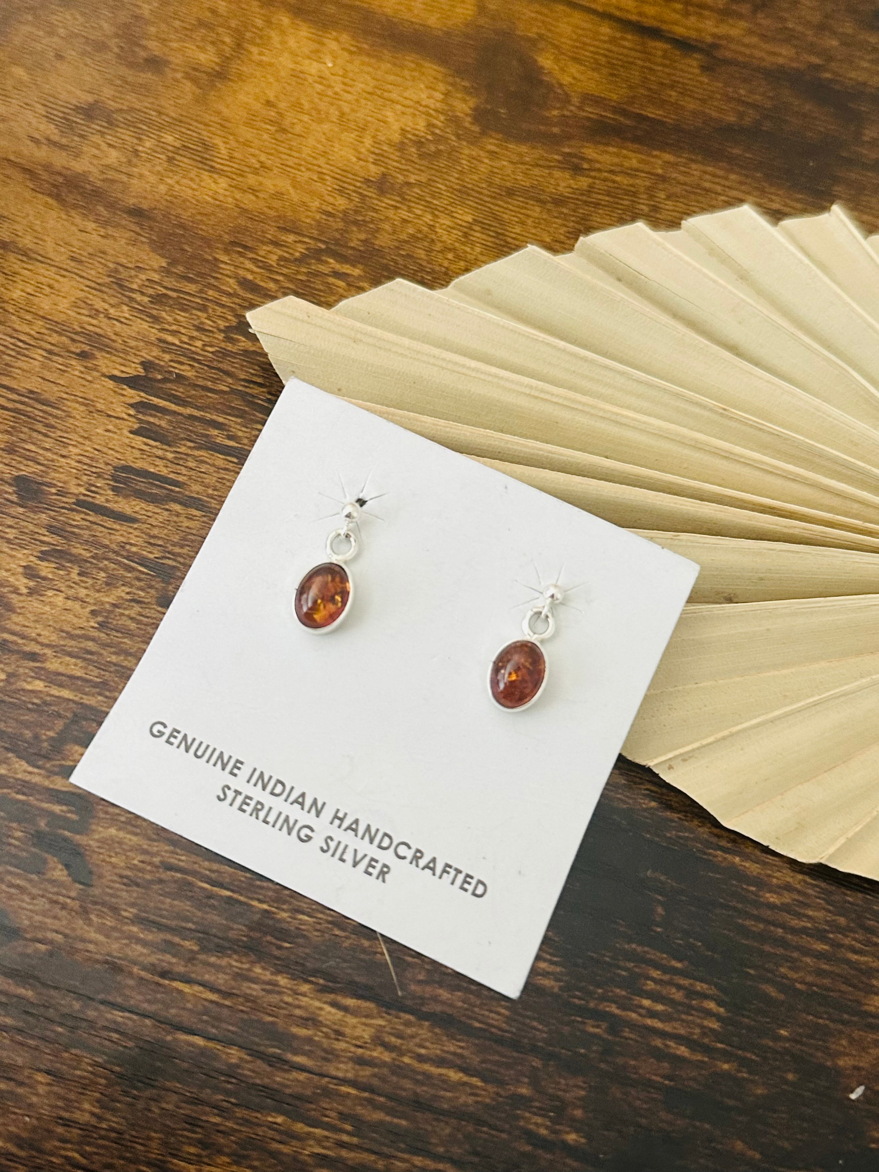 Navajo Made Amber & Sterling Silver Post Dangle Earrings