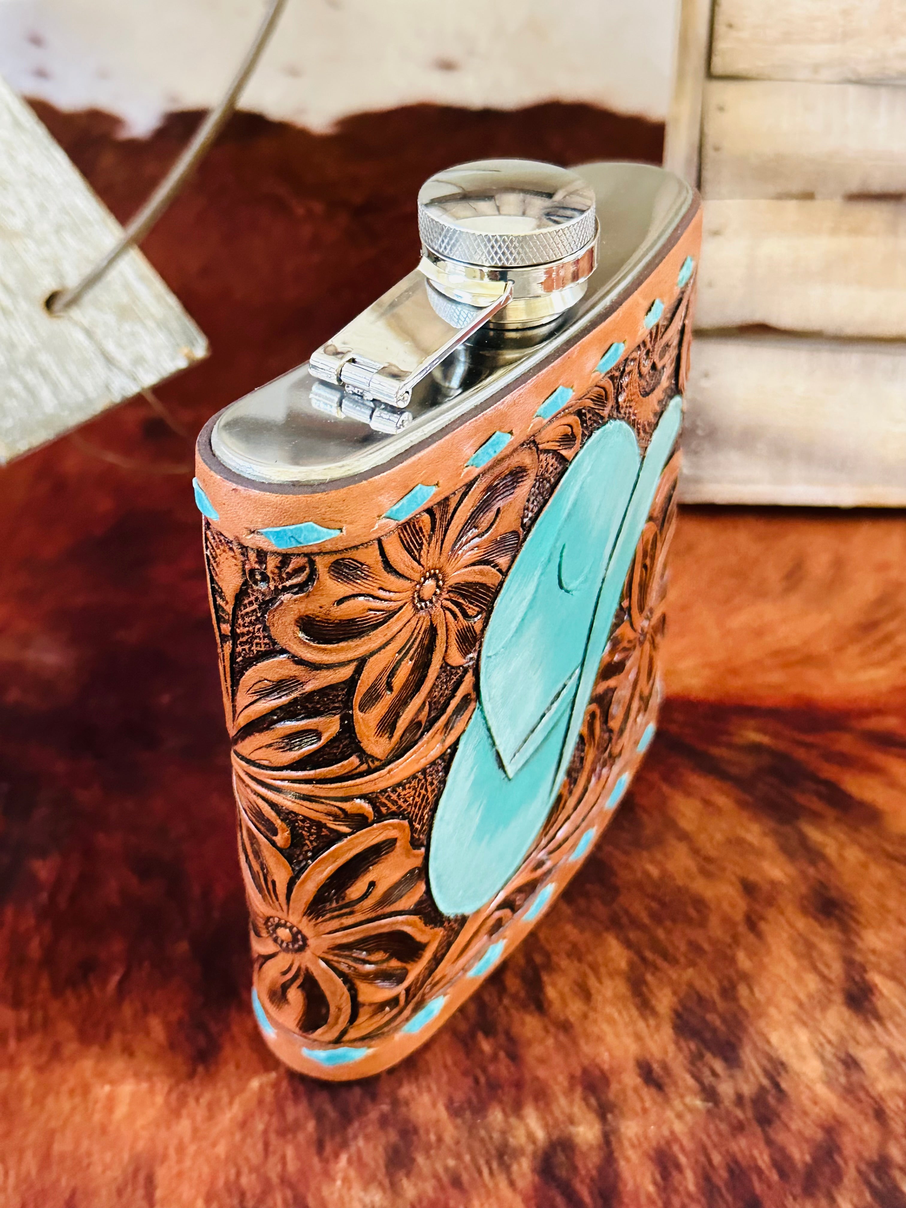 Genuine Tooled Leather 16 oz Flask