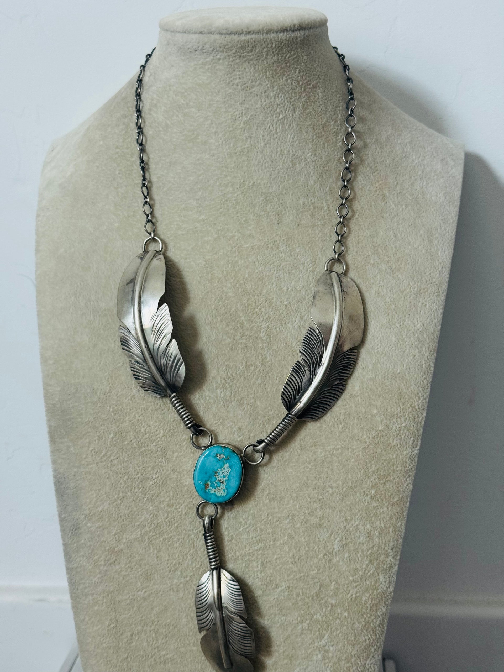 Navajo Made Royston Turquoise and Sterling Silver Feather Necklace