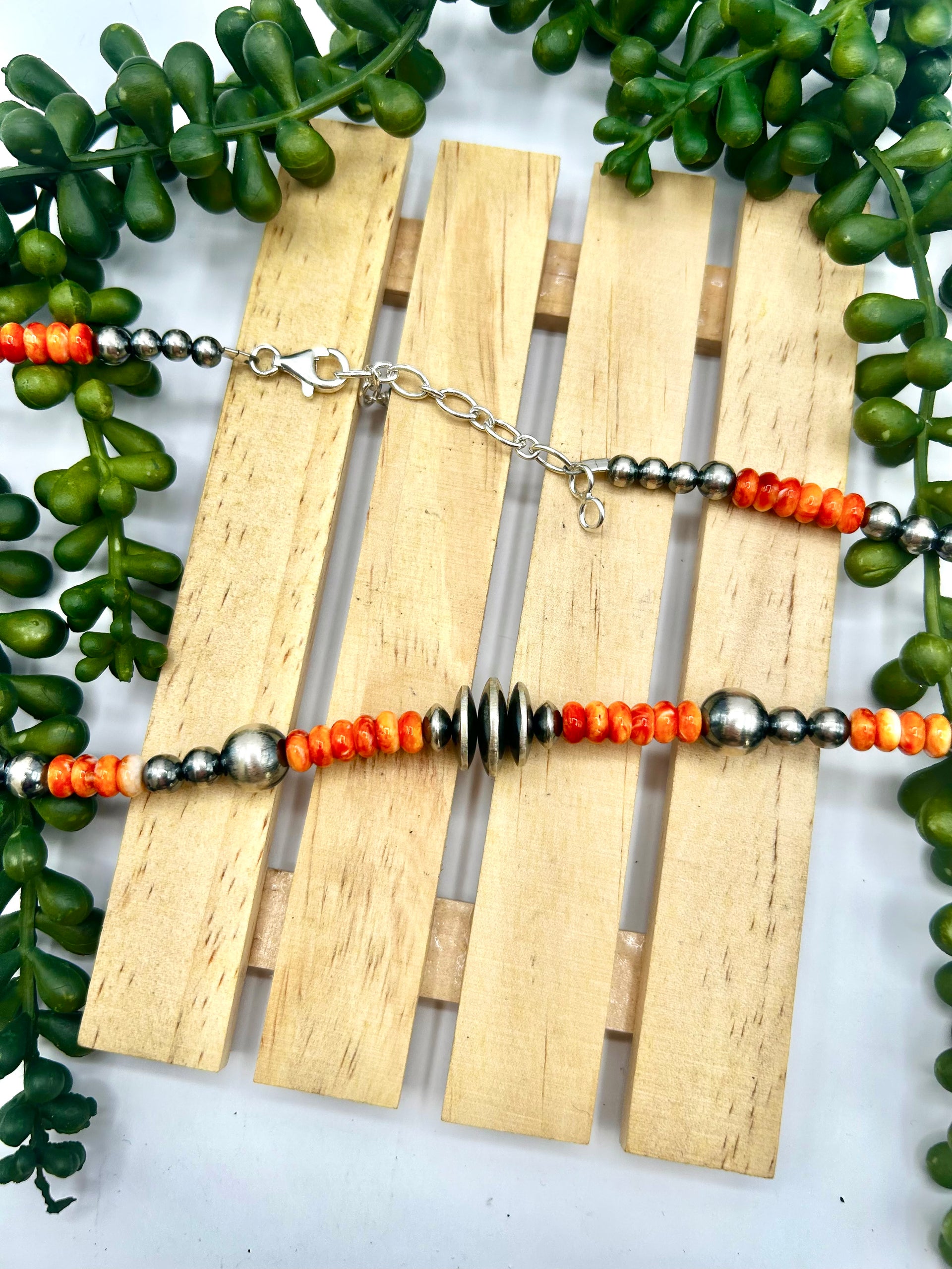 Navajo Made Strung Spiny Oyster & Sterling Silver Necklace