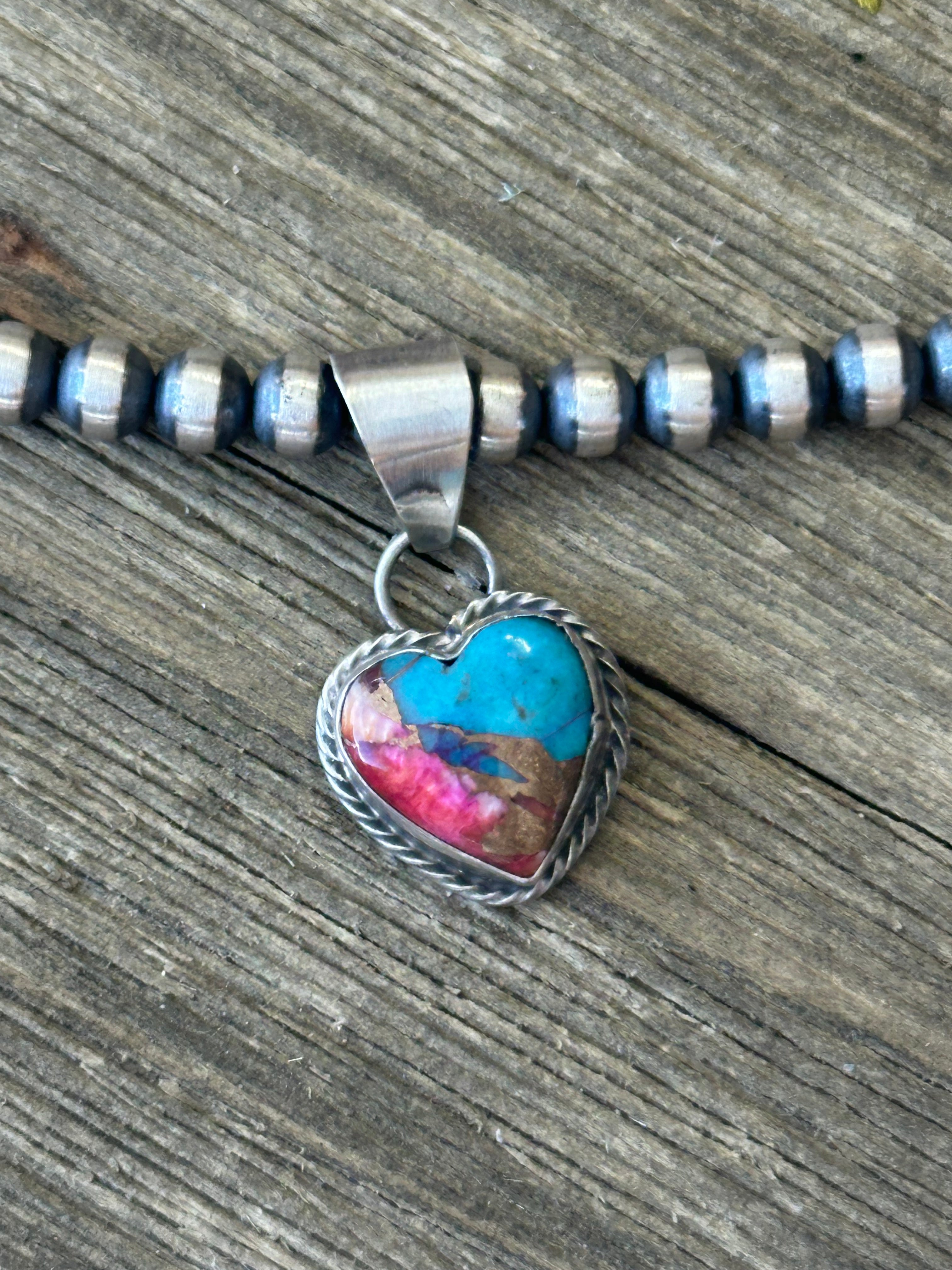 Navajo Made Mohave Turquoise & Sterling Silver Heart Pendant