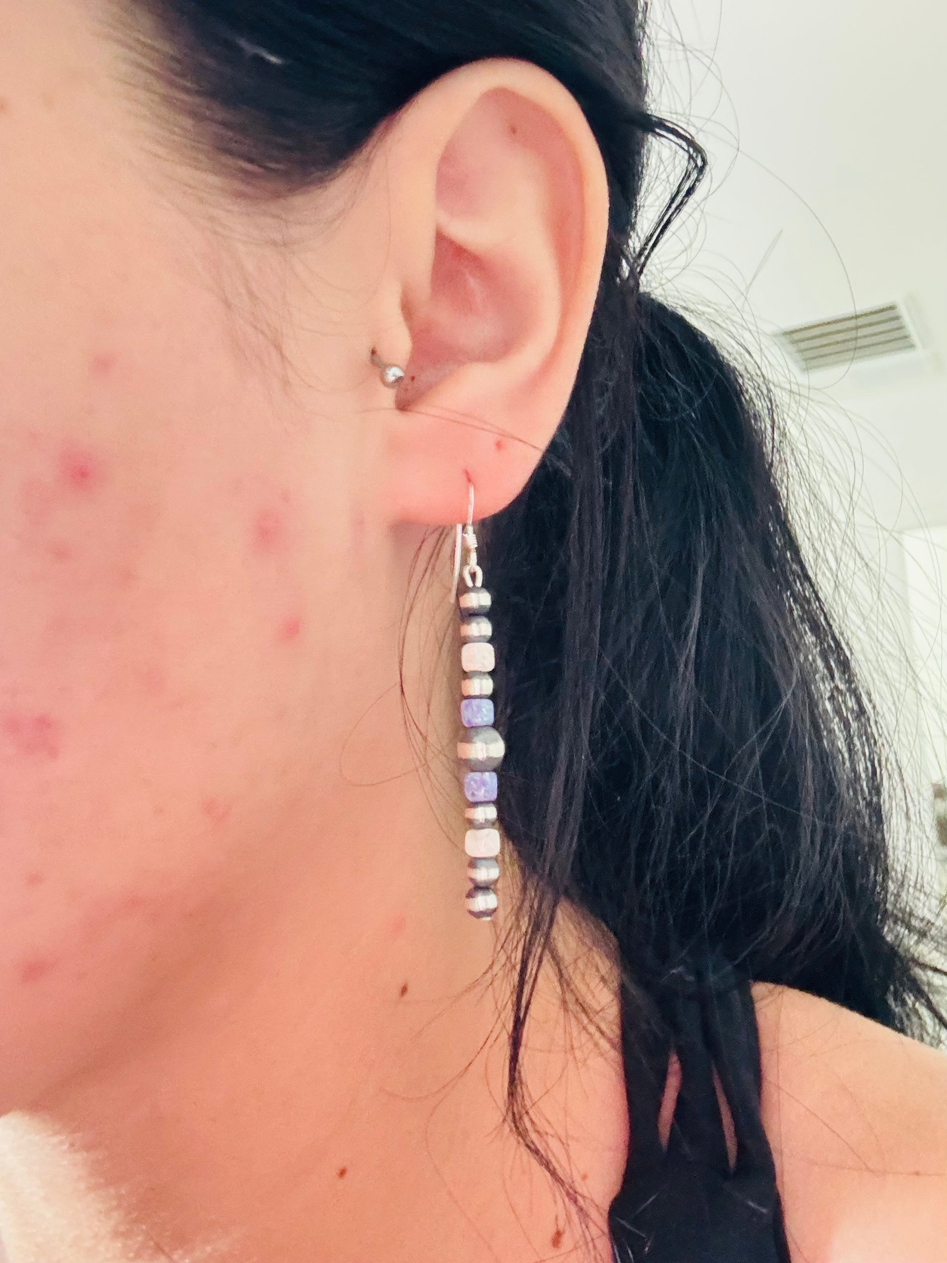 Navajo Strung Opal (Man Made) & Sterling Silver Graduated Pearl Dangle Earrings