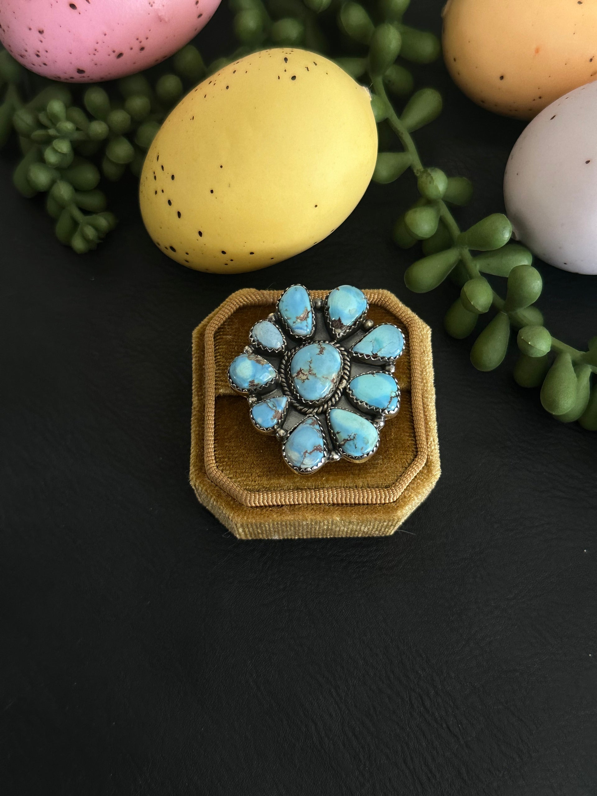 Southwest Handmade Golden Hills Turquoise & Sterling Silver Adjustable Cluster Ring