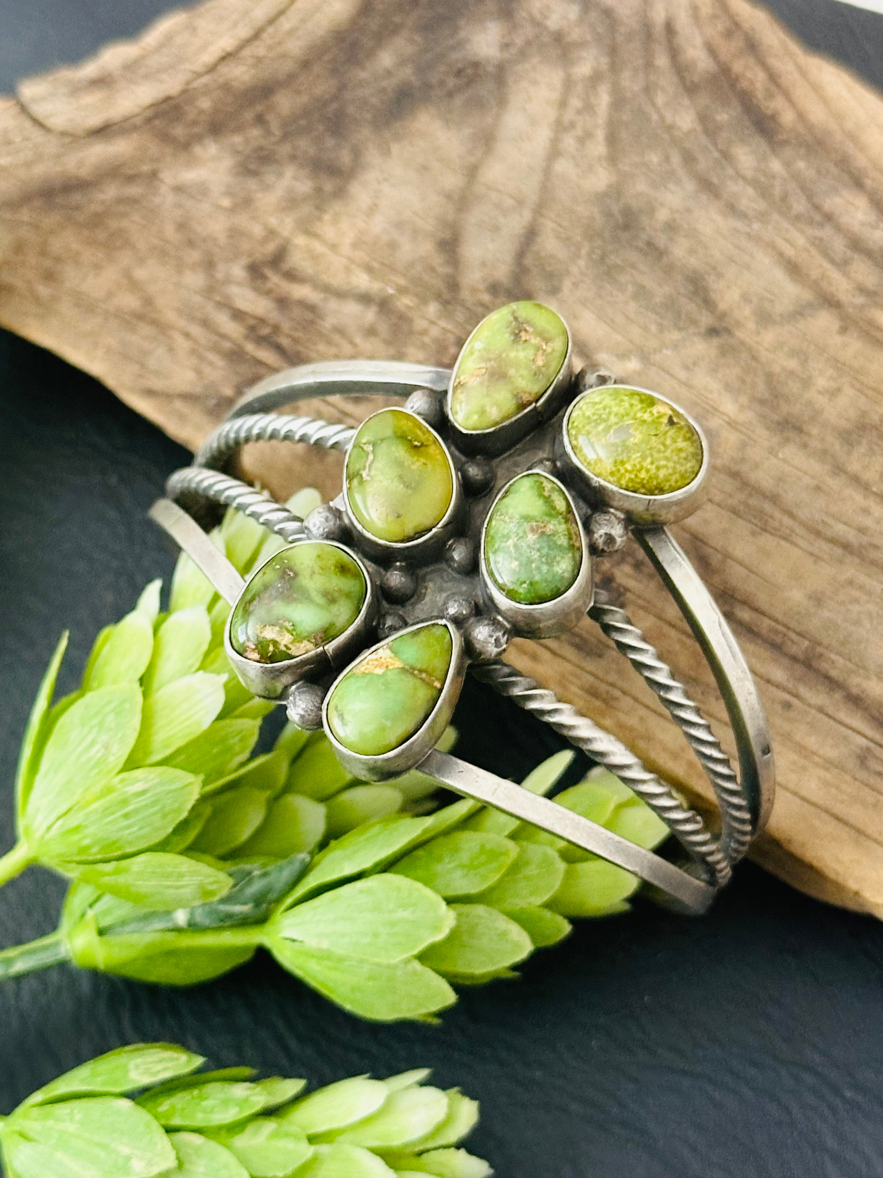 Navajo Made Sonoran Gold Turquoise and Sterling Silver Cuff Bracelet