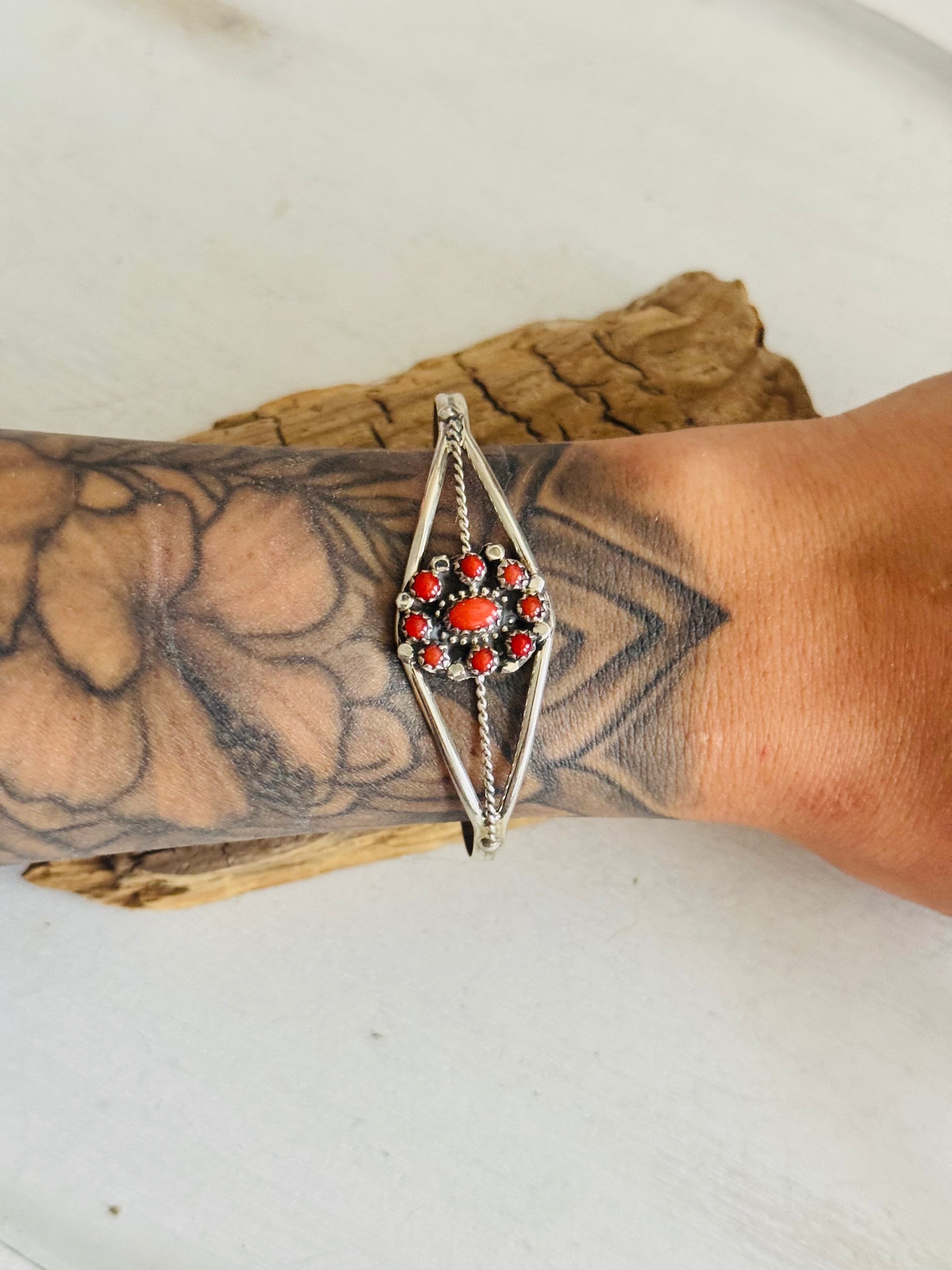 Navajo Made Red Coral & Sterling Silver Cluster Petite Cuff Bracelet